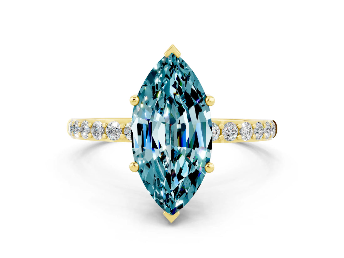 Yellow gold Marquise Cut Blue Topaz Solitaire Ring with Pave Band and Four Prong Setting_12