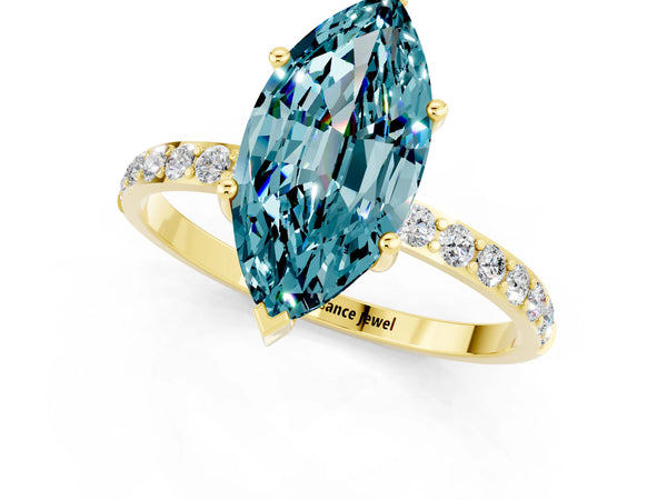 Yellow gold Marquise Cut Blue Topaz Solitaire Ring with Round  Pavé Band and Prong Setting