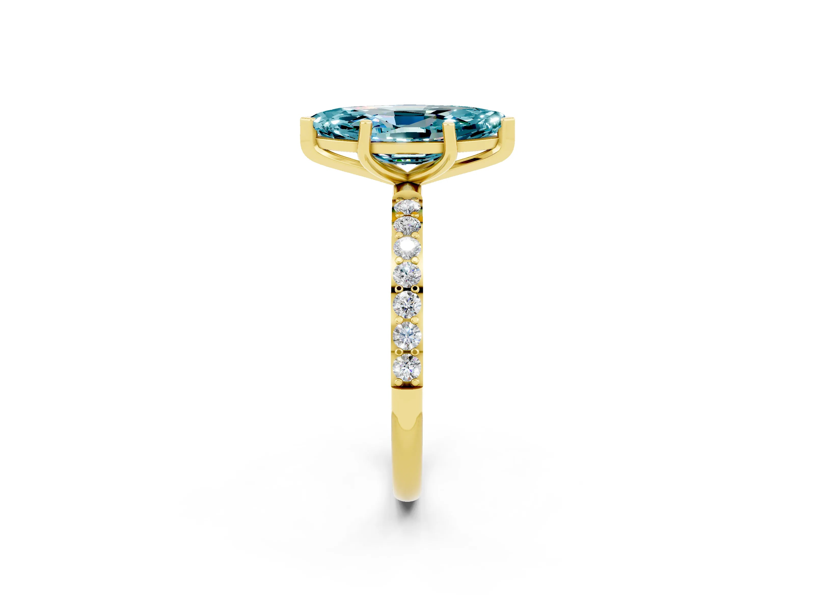Yellow gold Marquise Cut Blue Topaz Solitaire Ring with Pave Band and Four Prong Setting_14