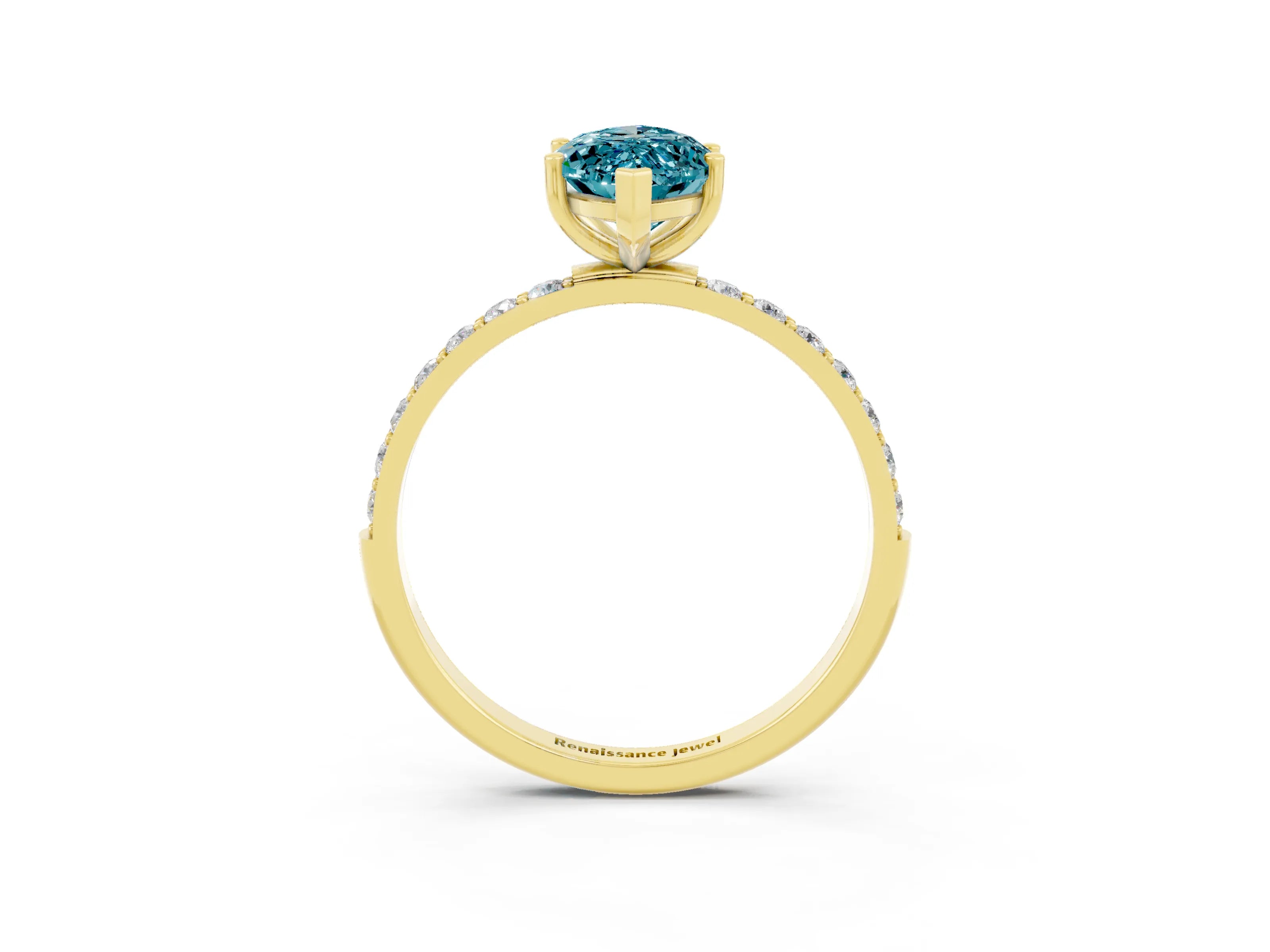 Yellow gold Marquise Cut Blue Topaz Solitaire Ring with Pave Band and Four Prong Setting_15