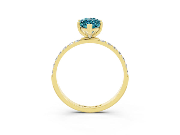 Yellow gold Marquise Cut Blue Topaz Solitaire Ring with Round  Pavé Band and Prong Setting