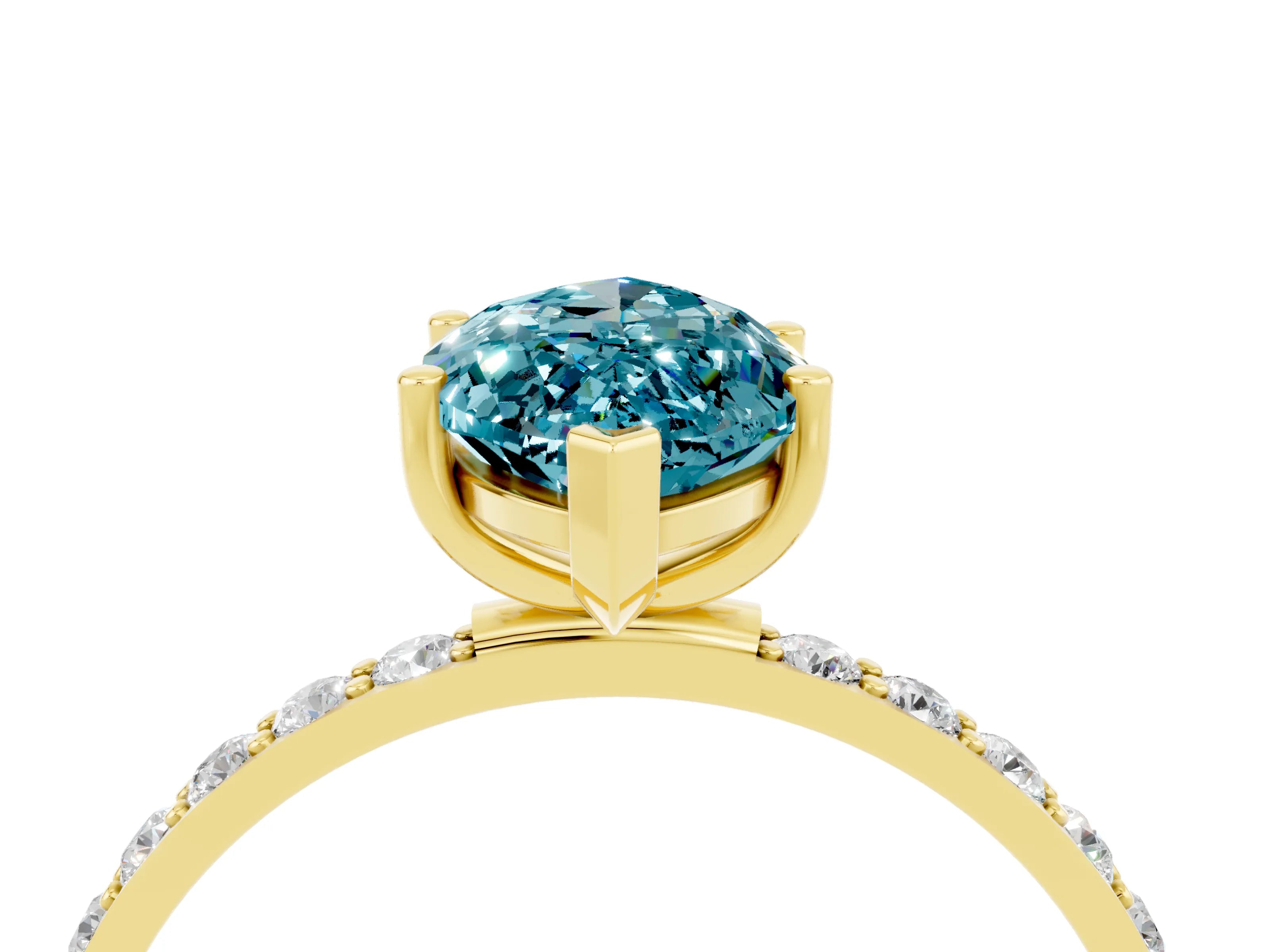 Yellow gold Marquise Cut Blue Topaz Solitaire Ring with Pave Band and Four Prong Setting_16