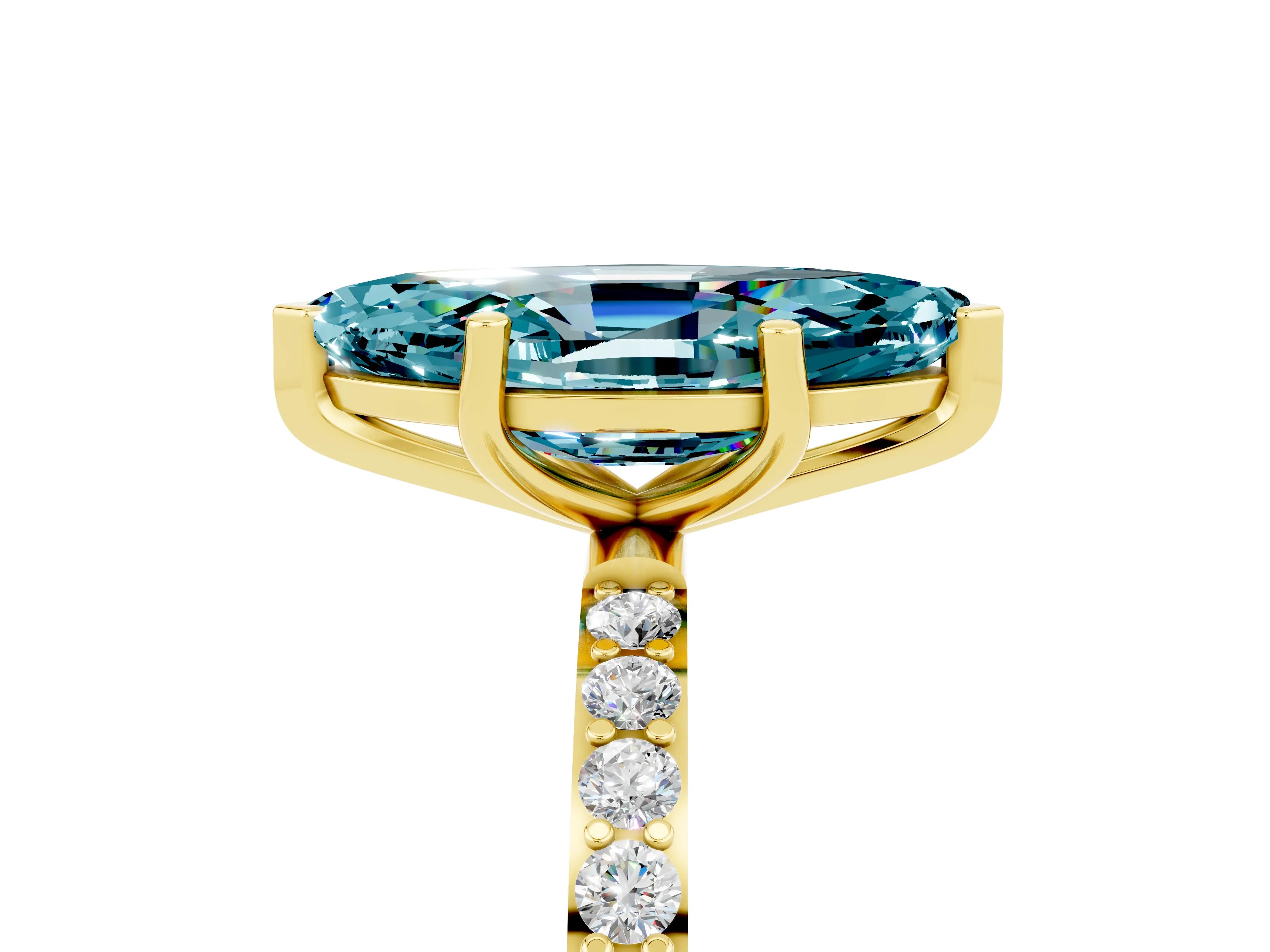 Yellow gold Marquise Cut Blue Topaz Solitaire Ring with Pave Band and Four Prong Setting_17