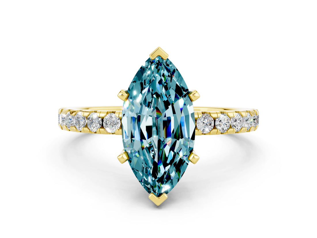 Yellow gold Marquise Cut Blue Topaz Solitaire Ring with Round  Pavé Band and Four-Prong Setting_36