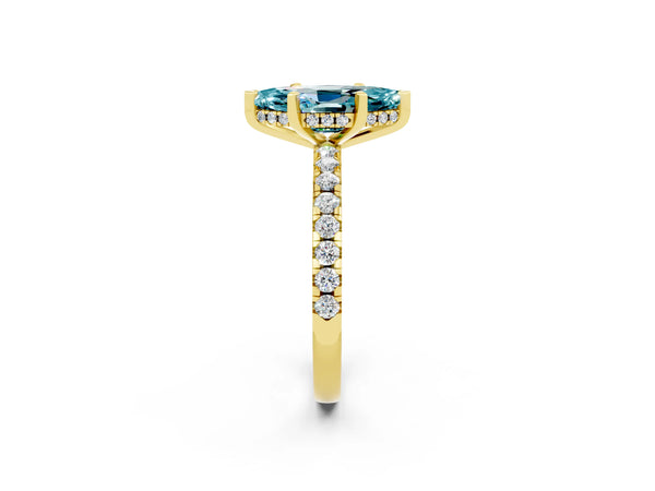 Yellow gold Marquise Cut Blue Topaz Solitaire Ring with Round Pavé Band and Four-Prong Setting