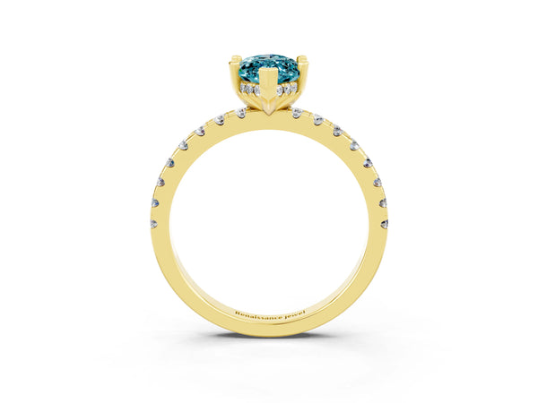 Yellow gold Marquise Cut Blue Topaz Solitaire Ring with Round Pavé Band and Four-Prong Setting