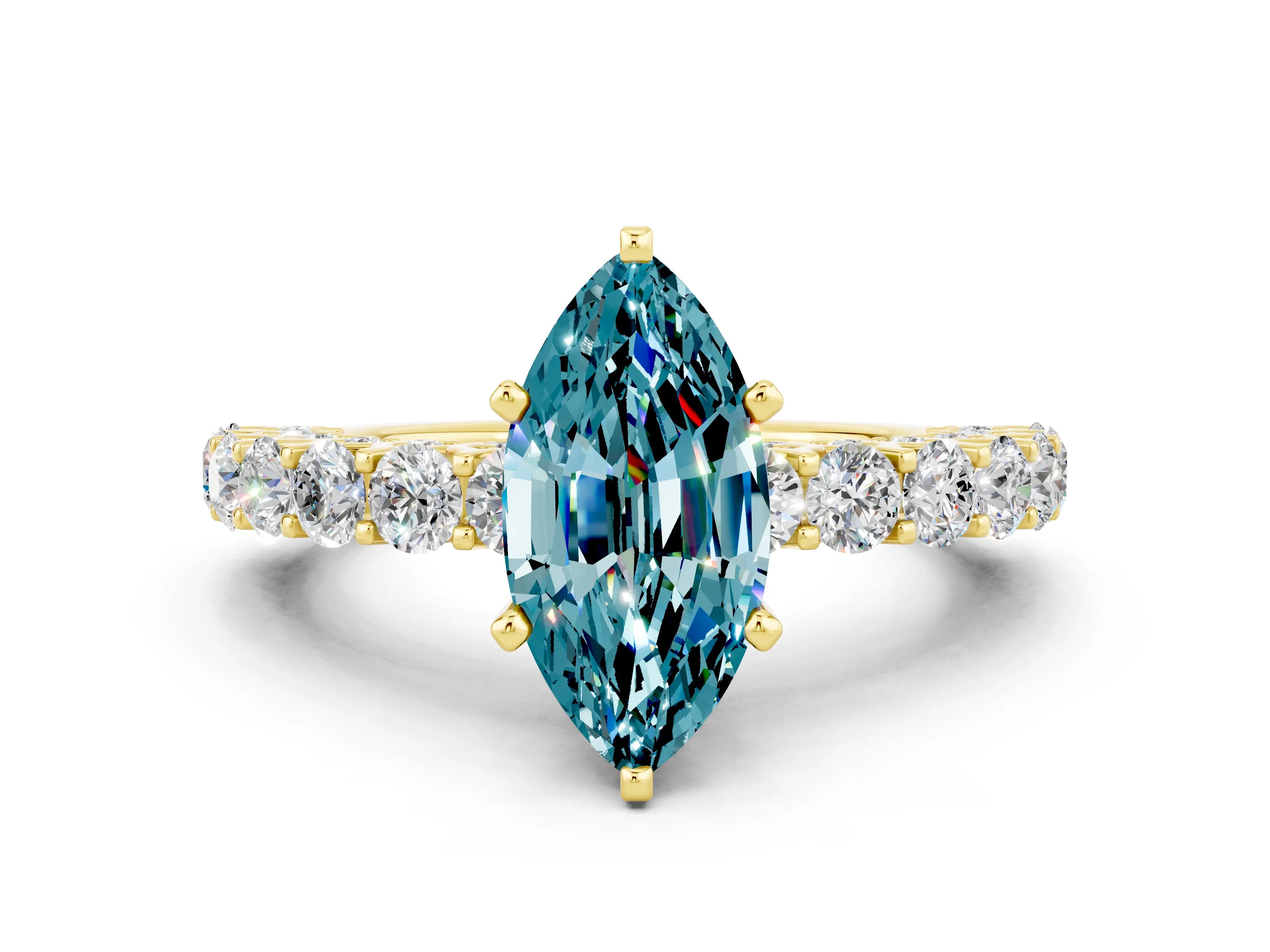 Yellow gold Marquise Cut Blue Topaz Solitaire Ring with Shared Prong Pavé Band and Four-Prong Setting