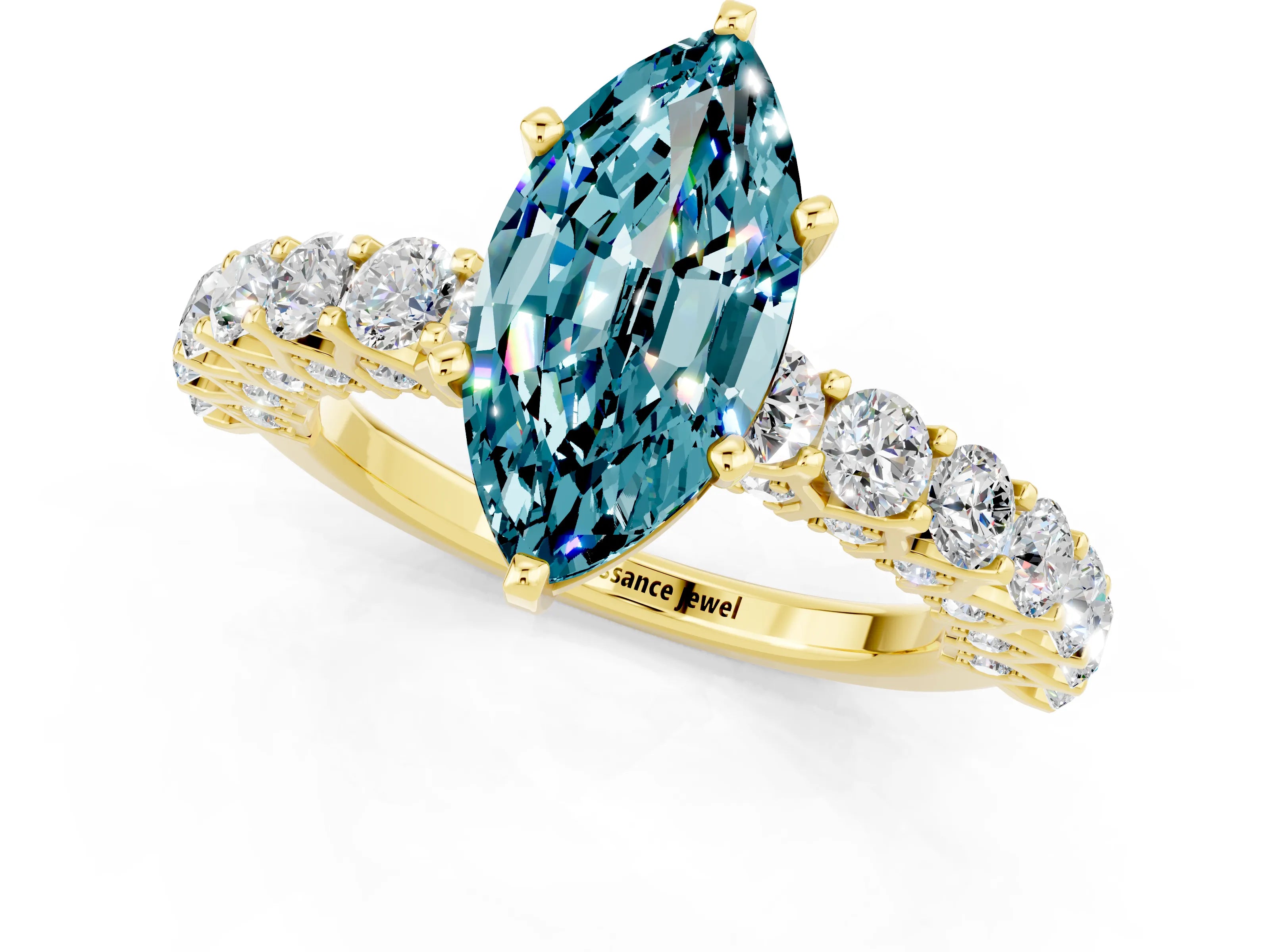 Yellow gold Marquise Cut Blue Topaz Solitaire Ring with Shared Prong Pavé Band and Four-Prong Setting_1