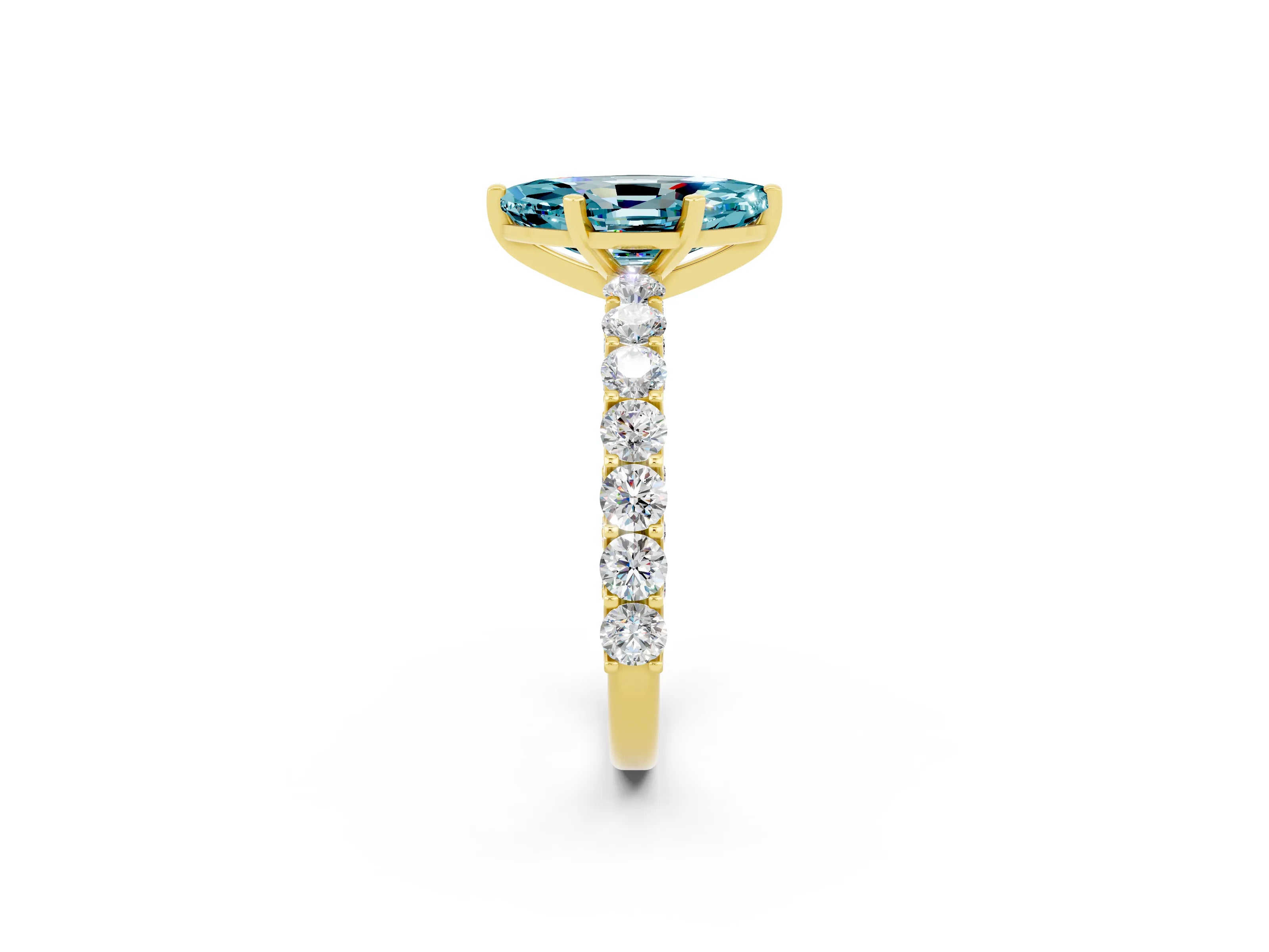 Yellow gold Marquise Cut Blue Topaz Solitaire Ring with Shared Prong Pavé Band and Four-Prong Setting_2