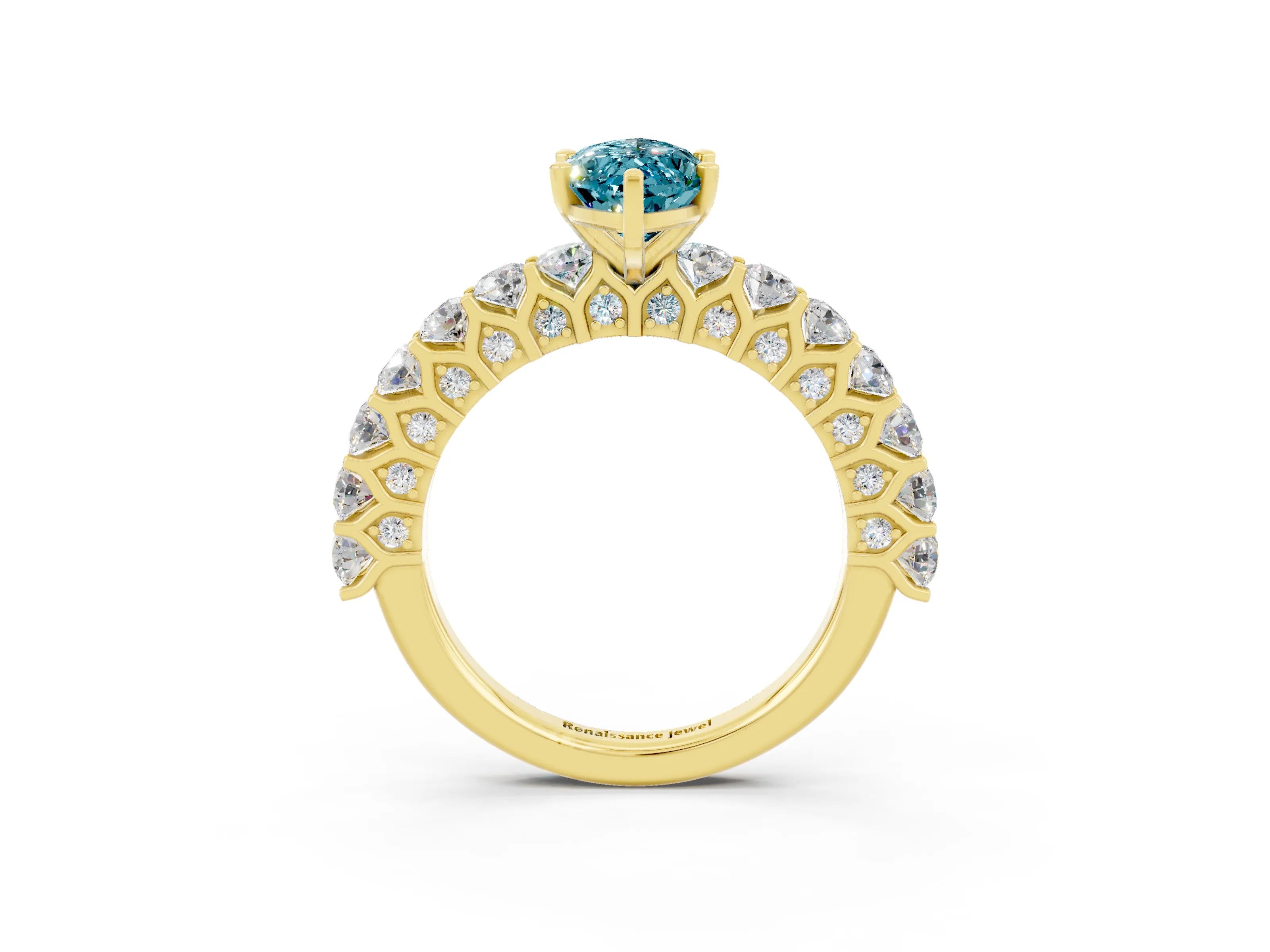 Yellow gold Marquise Cut Blue Topaz Solitaire Ring with Shared Prong Pavé Band and Four-Prong Setting_3