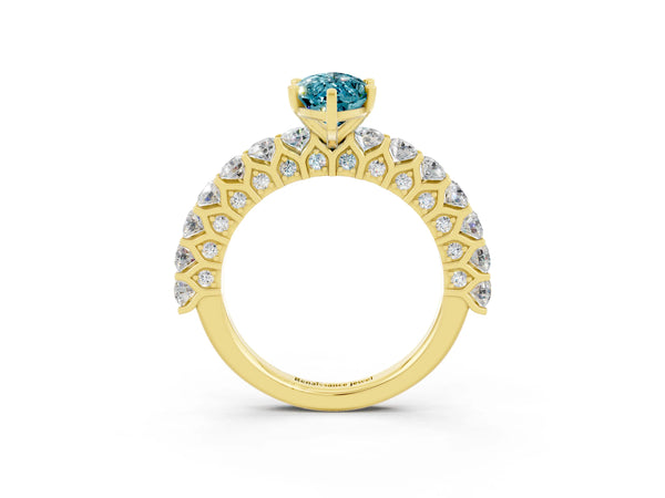 Yellow gold Marquise Cut Blue Topaz Solitaire Ring with Shared Prong Pavé Band and Four-Prong Setting