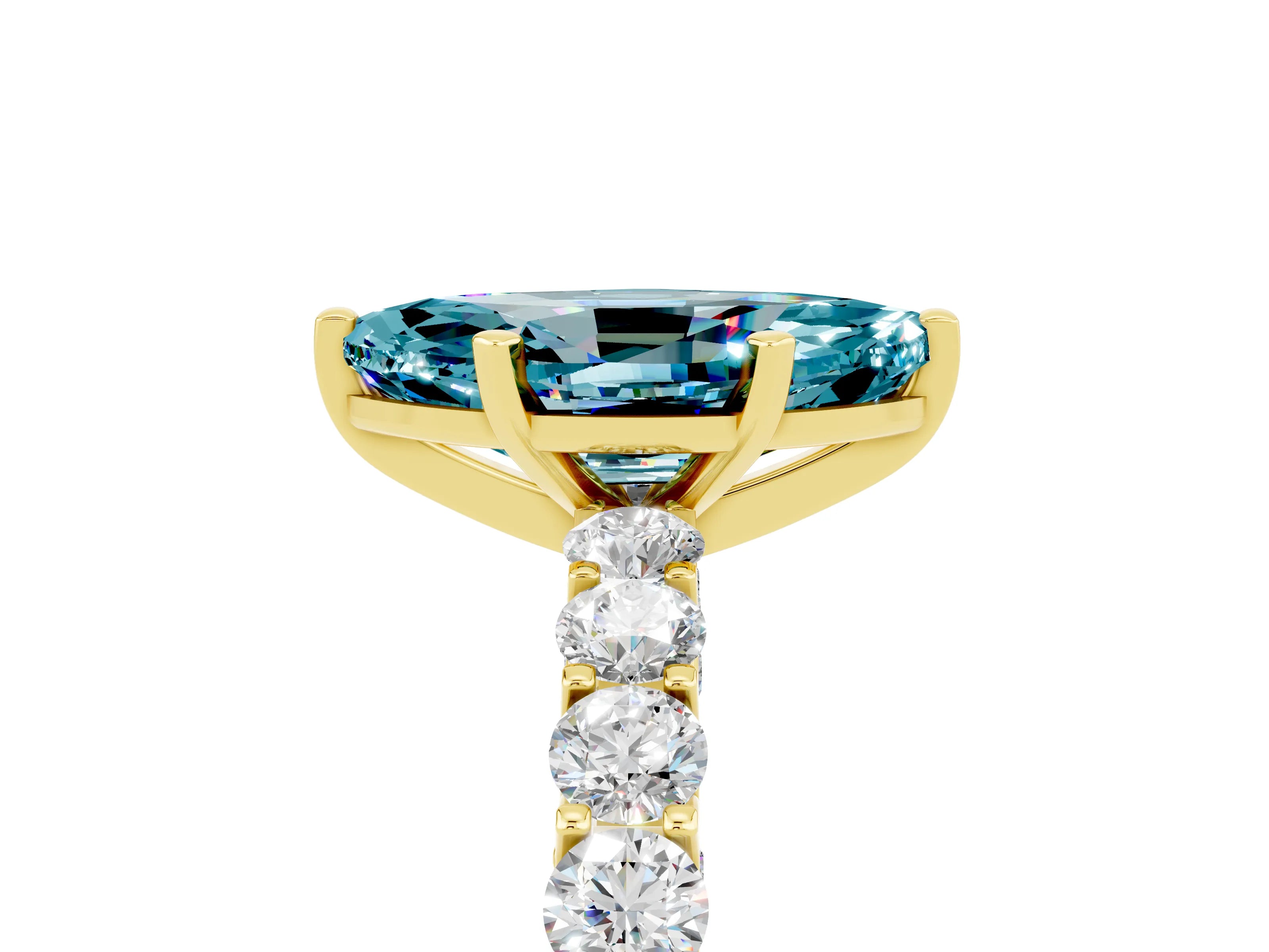 Yellow gold Marquise Cut Blue Topaz Solitaire Ring with Shared Prong Pavé Band and Four-Prong Setting_5