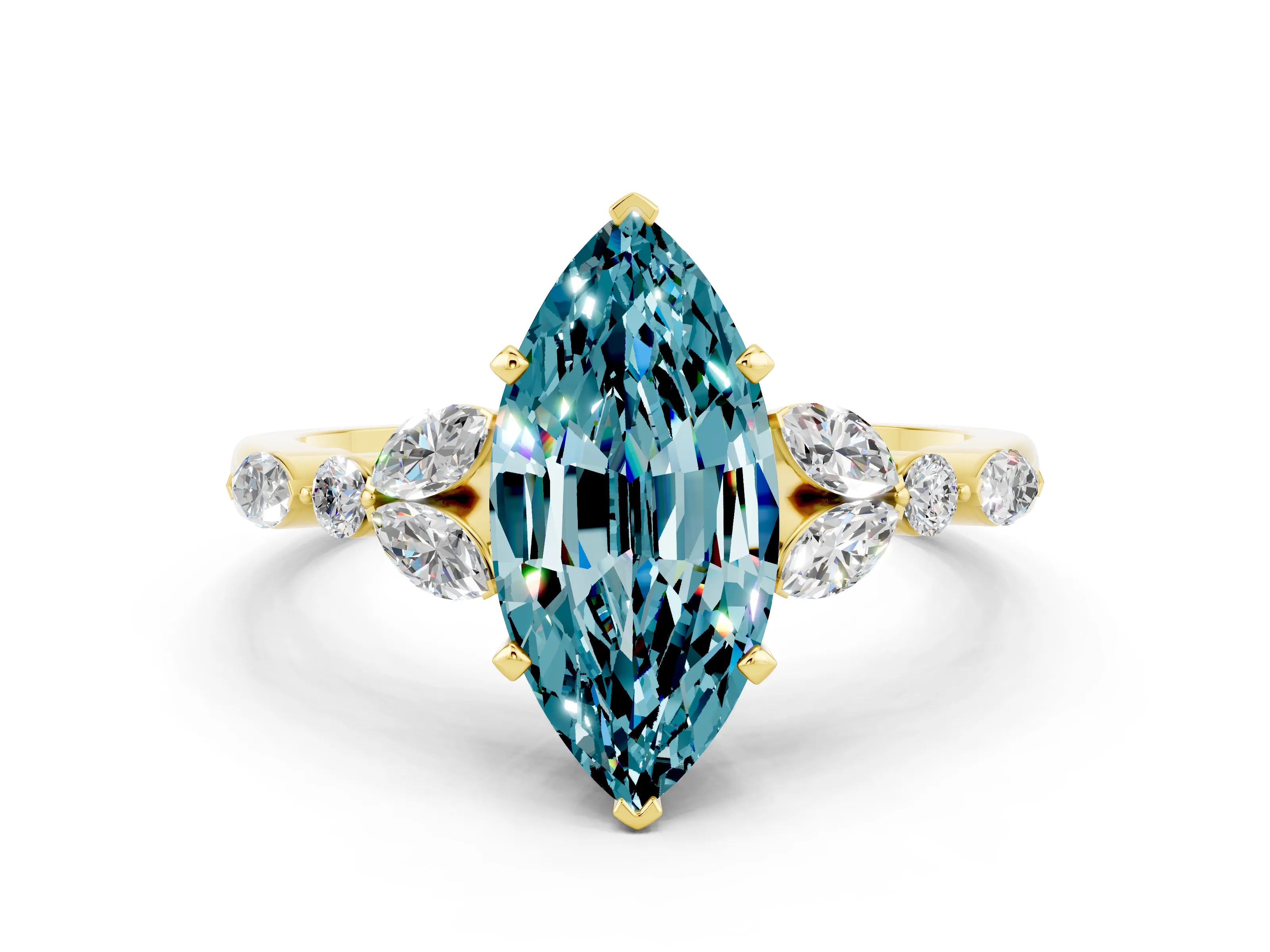 Yellow gold Marquise Cut Blue Topaz Solitaire Ring with Side Stones and Four-Prong Setting_12