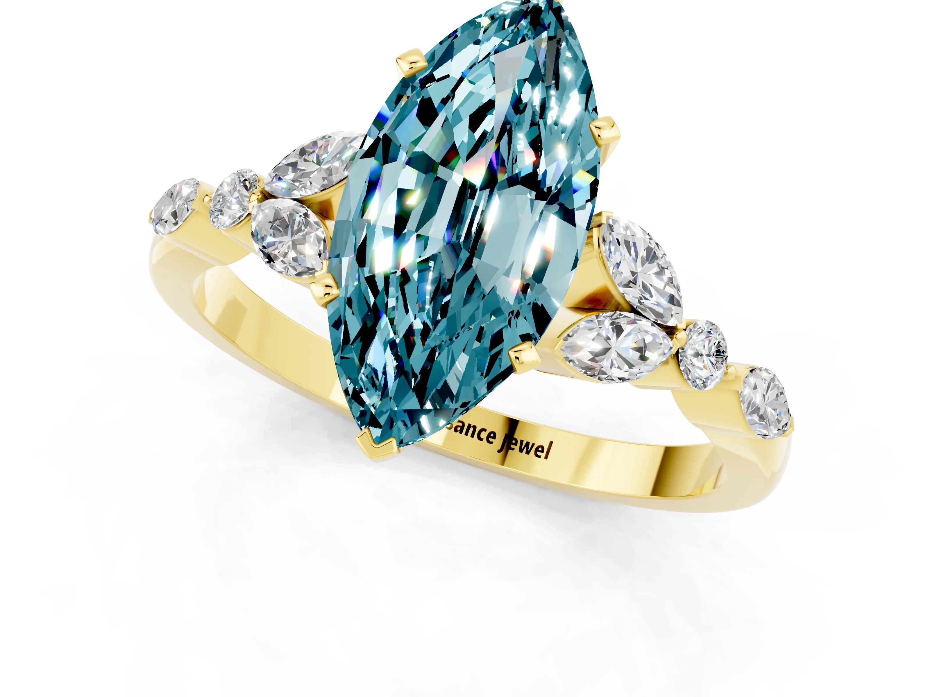 Yellow gold Marquise Cut Blue Topaz Solitaire Ring with Side Stones and Four-Prong Setting_13