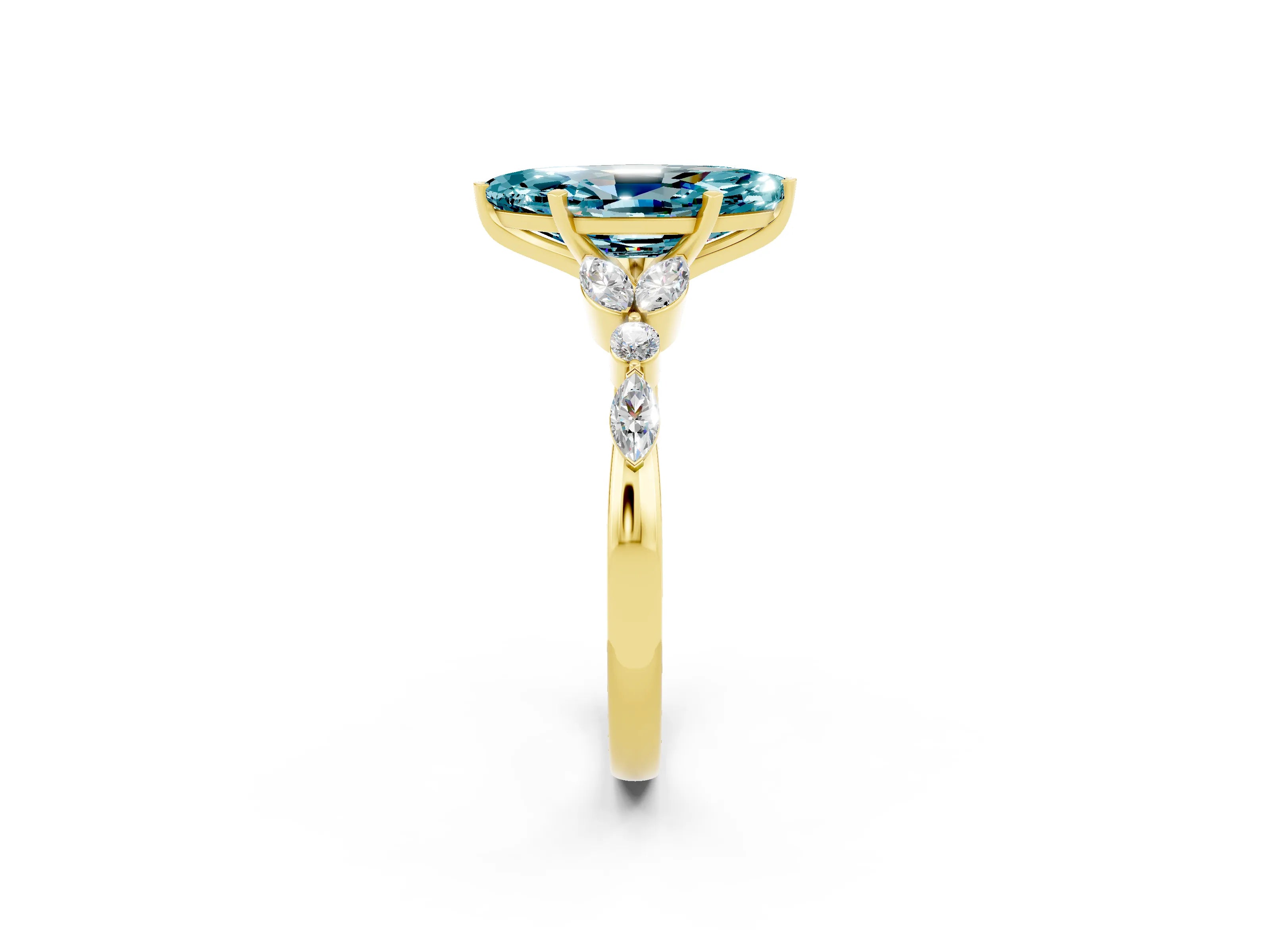 Yellow gold Marquise Cut Blue Topaz Solitaire Ring with Side Stones and Four-Prong Setting_14