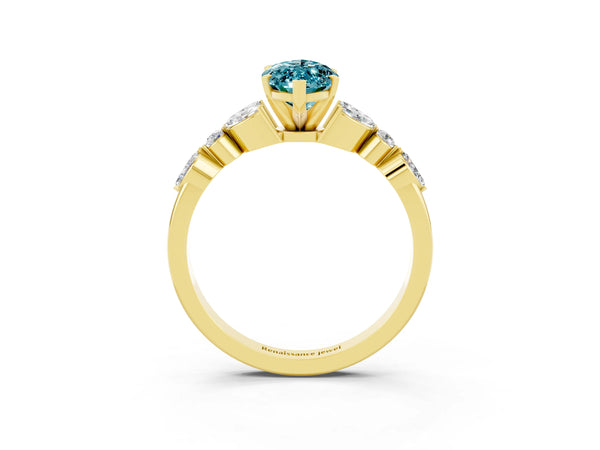 Yellow gold Marquise Cut Blue Topaz Solitaire Ring with Side Stones and Four-Prong Setting