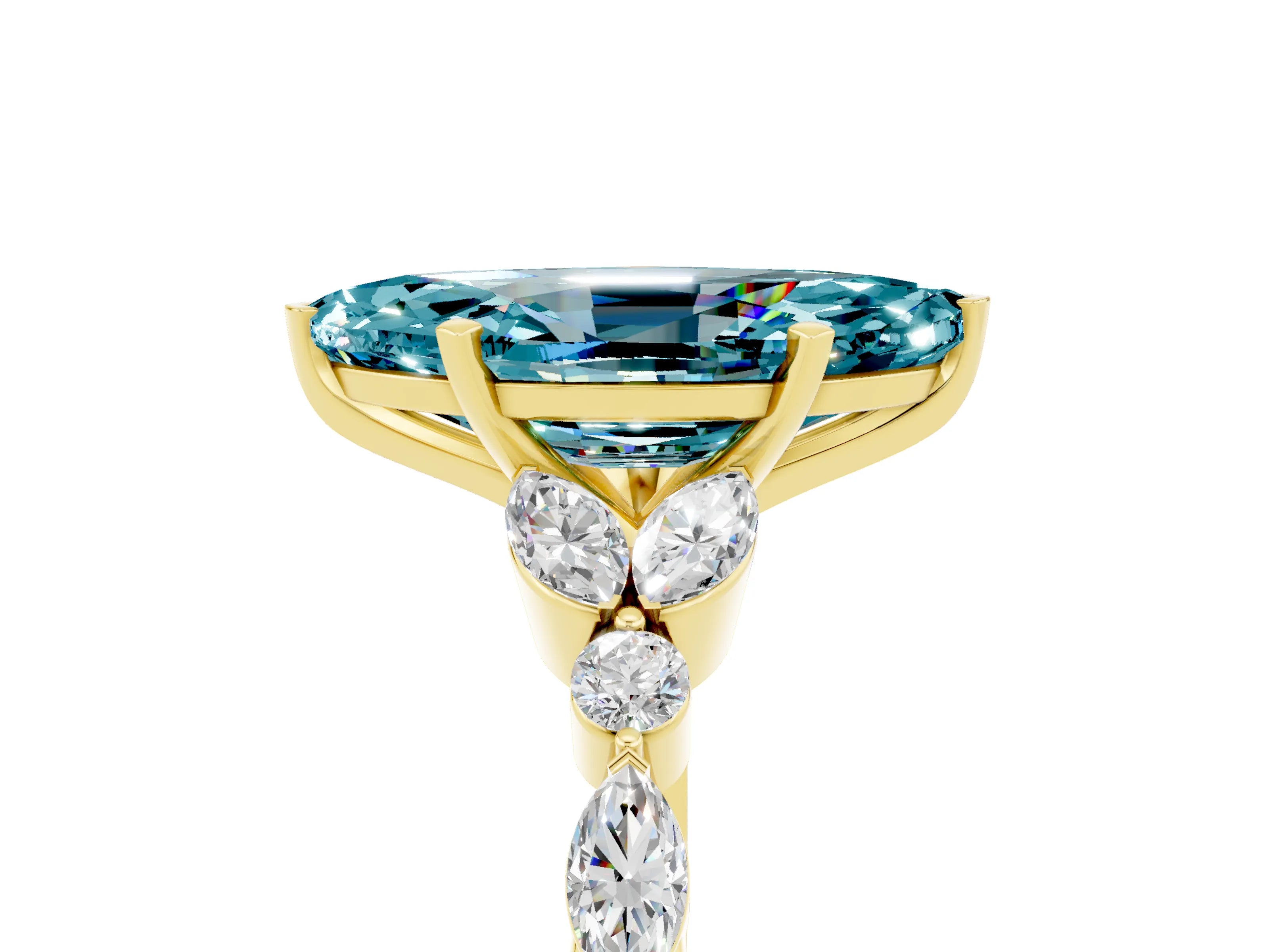 Yellow gold Marquise Cut Blue Topaz Solitaire Ring with Side Stones and Four-Prong Setting_17