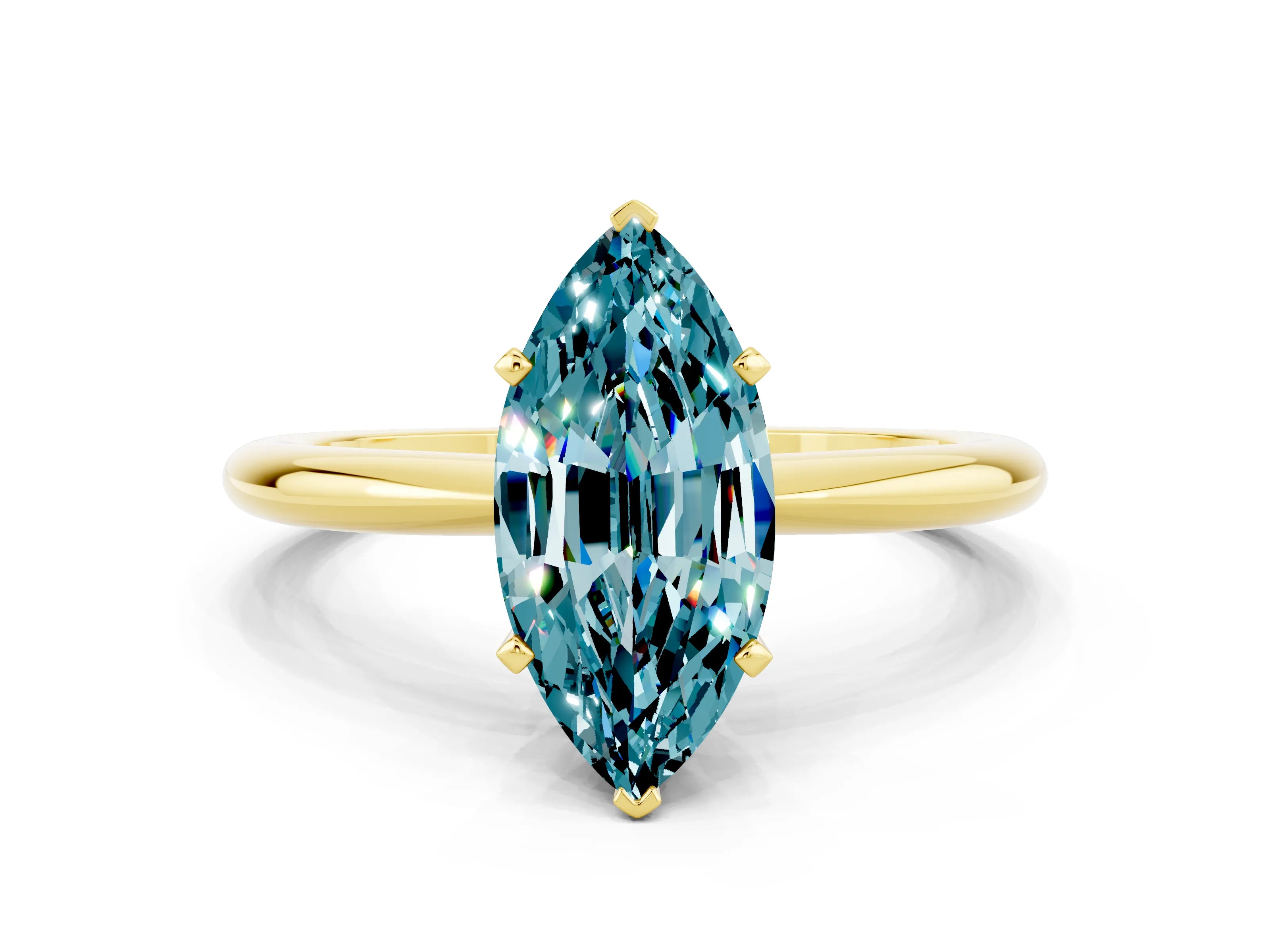 Yellow gold Marquise Cut Blue Topaz Solitaire Ring with Six-Prong Setting and Classic Band