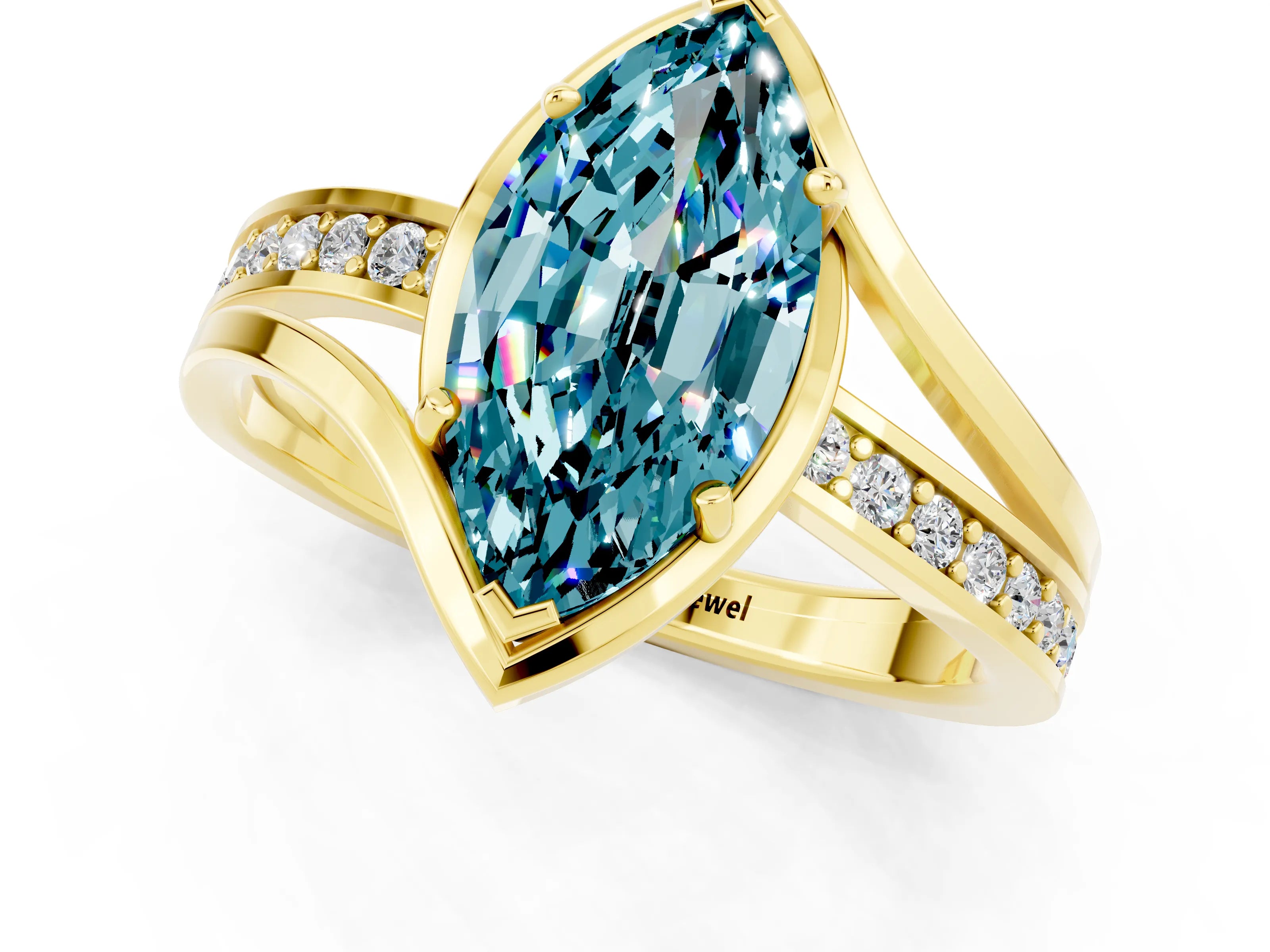 Yellow gold Marquise Cut Blue Topaz Solitaire Ring with Split Shank and Prong Setting_1