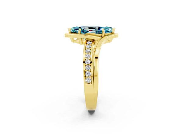 Yellow gold Marquise Cut Blue Topaz Solitaire Ring with Split Shank and Prong Setting