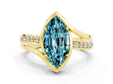 Yellow gold Marquise Cut Blue Topaz Solitaire Ring with Split Shank and Prong Setting