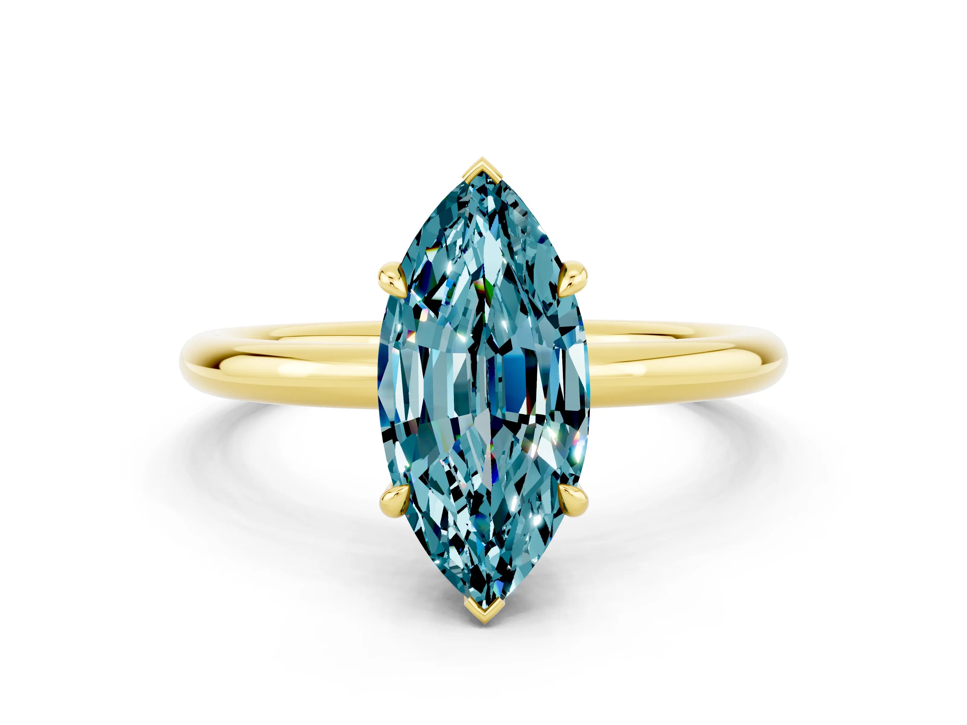 Yellow gold Marquise Cut Blue Topaz Solitaire Ring with Thin Band and Four-Prong Setting