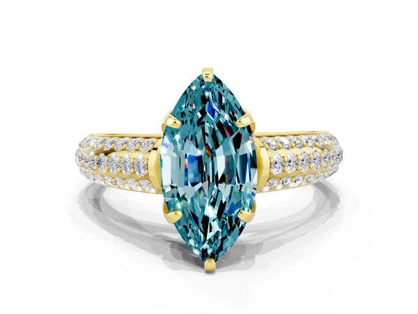 Yellow gold Marquise Cut Blue Topaz Solitaire Ring with Three-Row Pavé Band and Four-Prong Setting