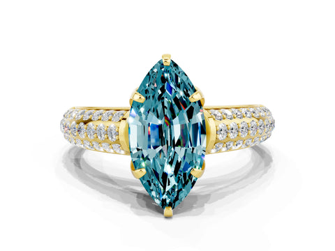 Yellow gold Marquise Cut Blue Topaz Solitaire Ring with Three-Row Pavé Band and Four-Prong Setting_12