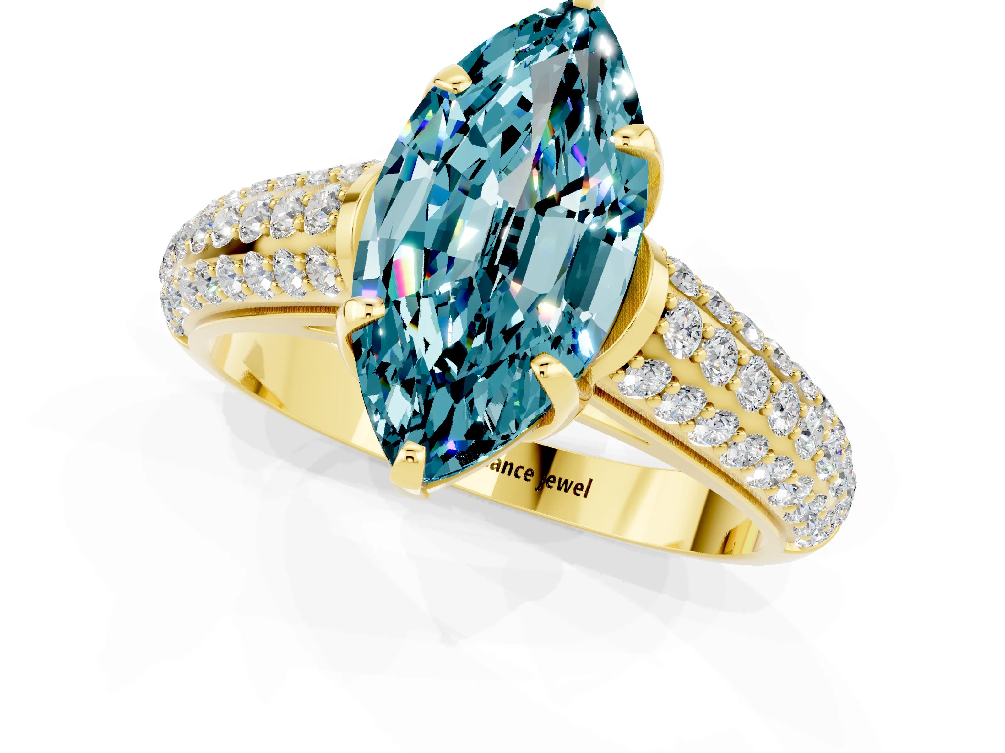 Yellow gold Marquise Cut Blue Topaz Solitaire Ring with Three-Row Pavé Band and Four-Prong Setting_13