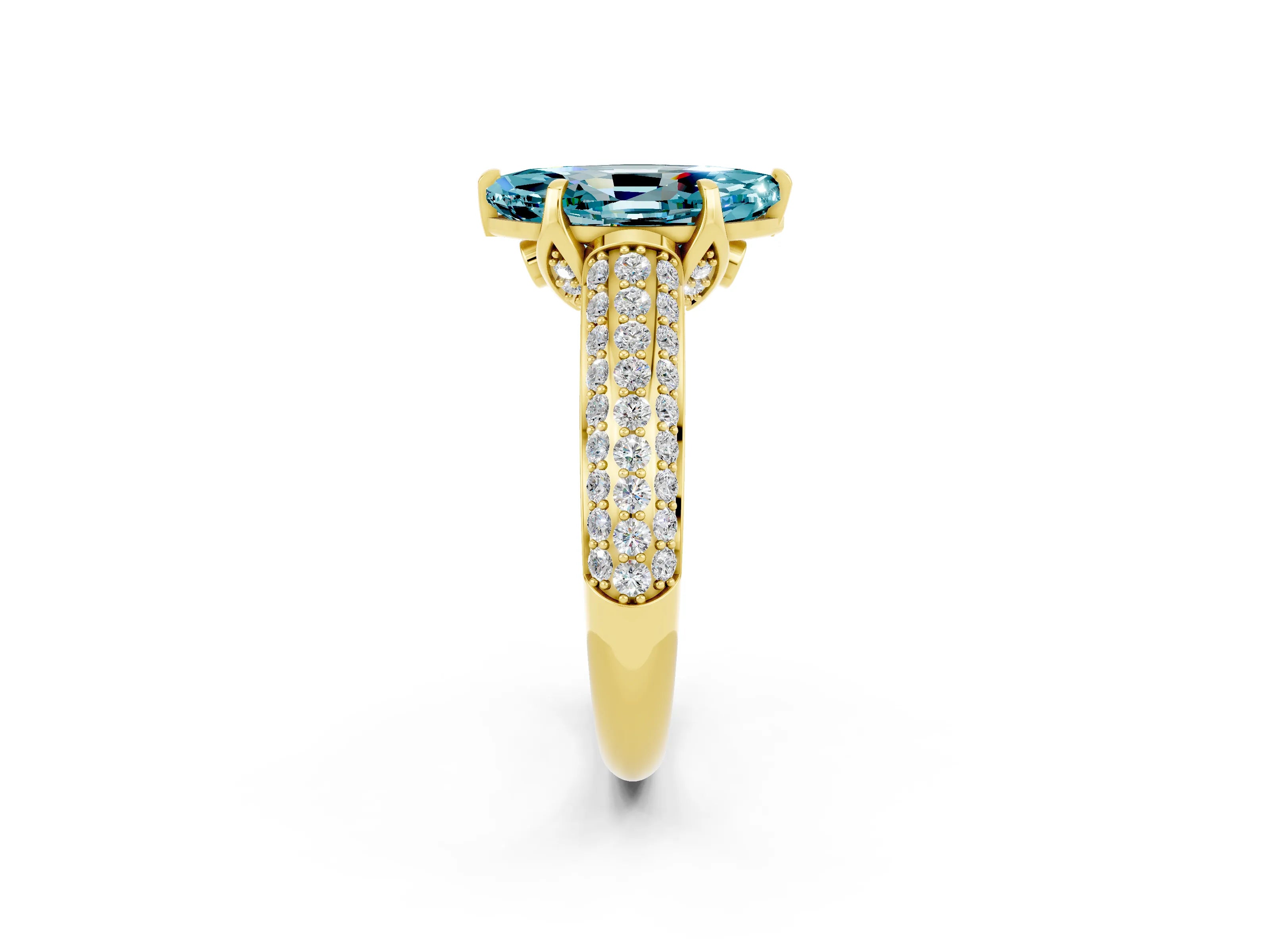 Yellow gold Marquise Cut Blue Topaz Solitaire Ring with Three-Row Pavé Band and Four-Prong Setting_14