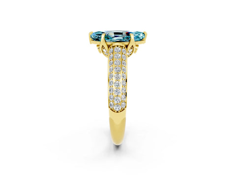 Yellow gold Marquise Cut Blue Topaz Solitaire Ring with Three-Row Pavé Band and Four-Prong Setting_14
