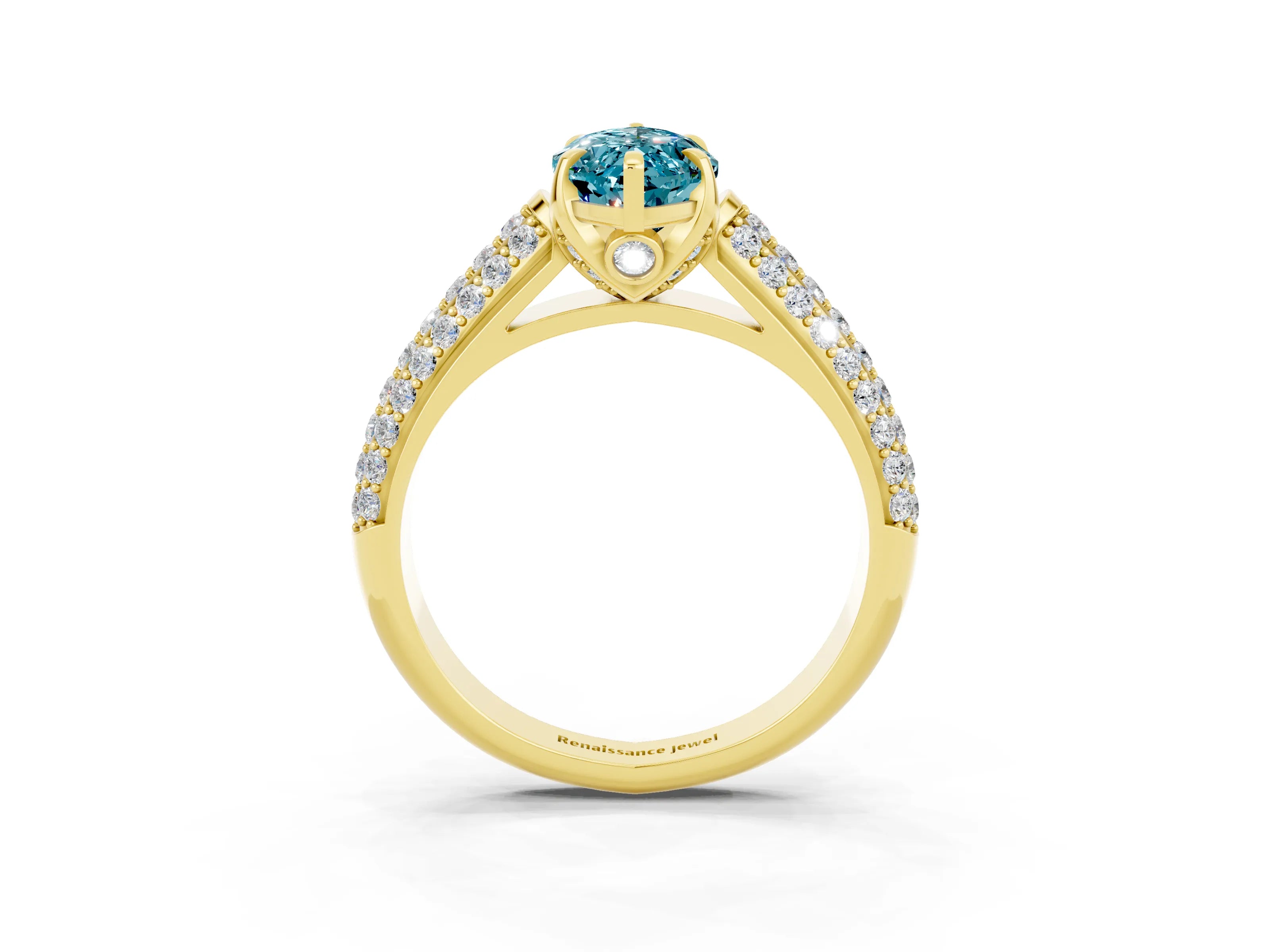 Yellow gold Marquise Cut Blue Topaz Solitaire Ring with Three-Row Pavé Band and Four-Prong Setting_15