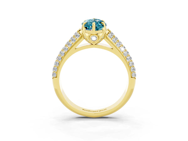 Yellow gold Marquise Cut Blue Topaz Solitaire Ring with Three-Row Pavé Band and Four-Prong Setting
