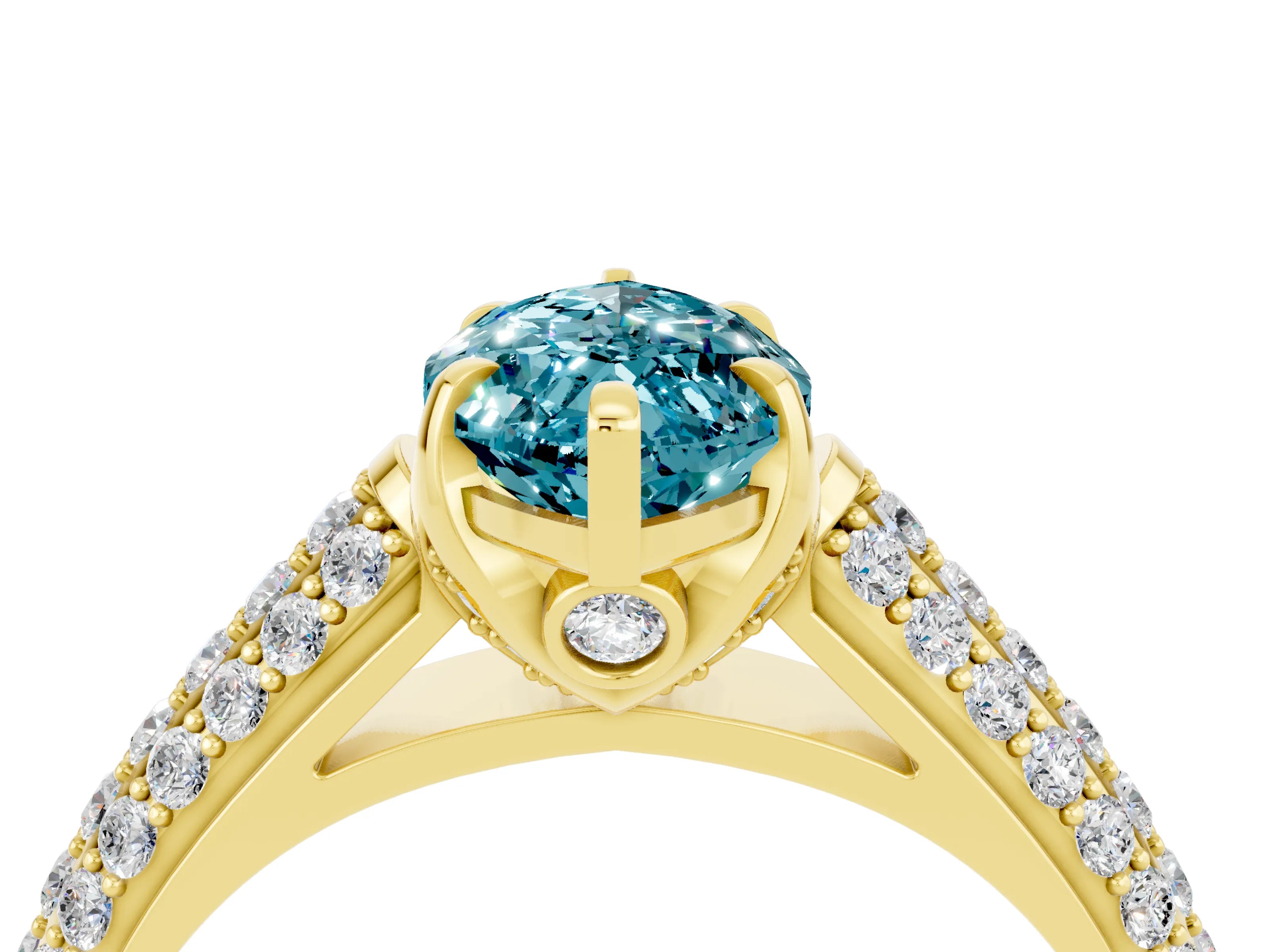 Yellow gold Marquise Cut Blue Topaz Solitaire Ring with Three-Row Pavé Band and Four-Prong Setting_16