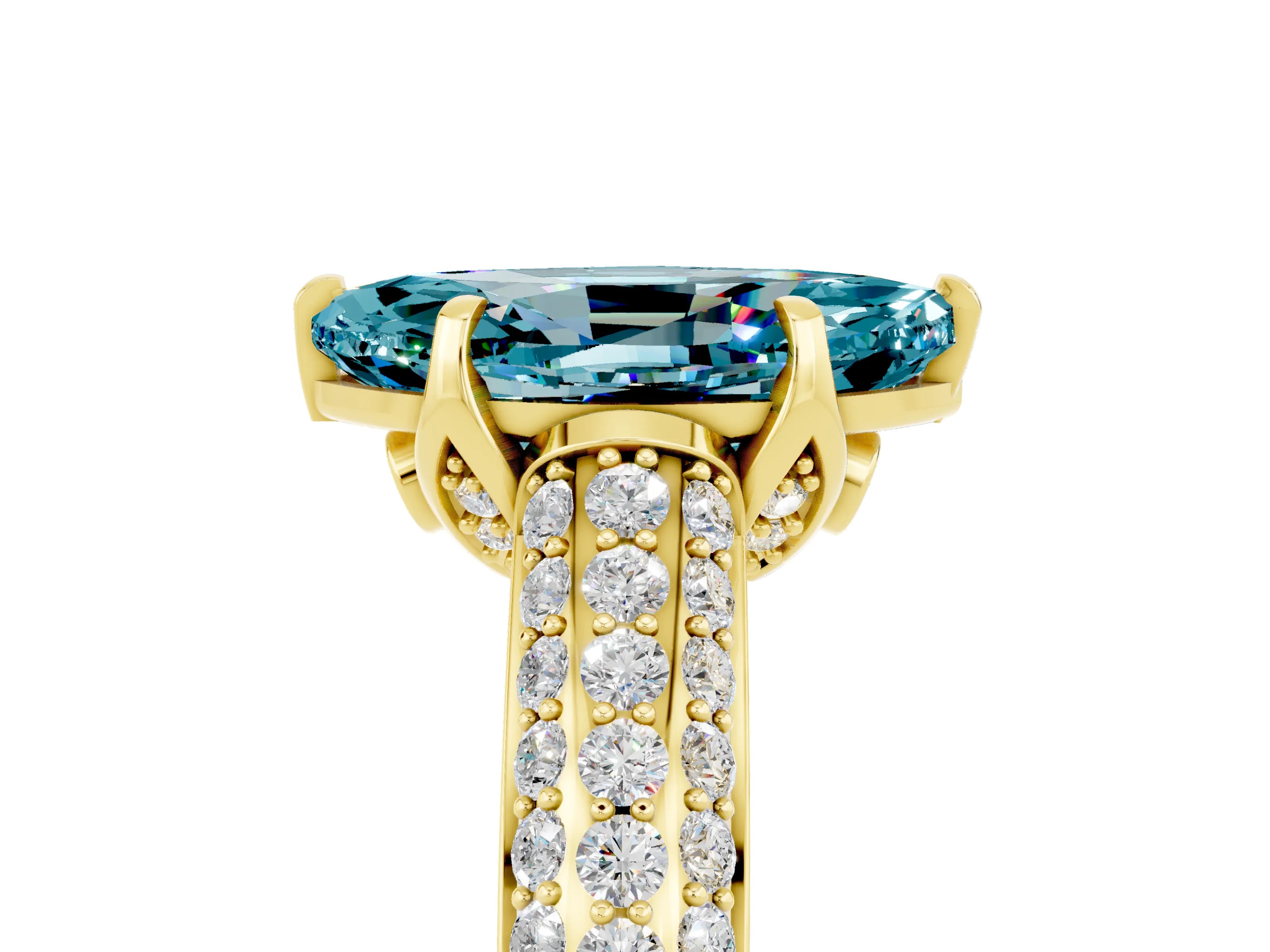 Yellow gold Marquise Cut Blue Topaz Solitaire Ring with Three-Row Pavé Band and Four-Prong Setting_17