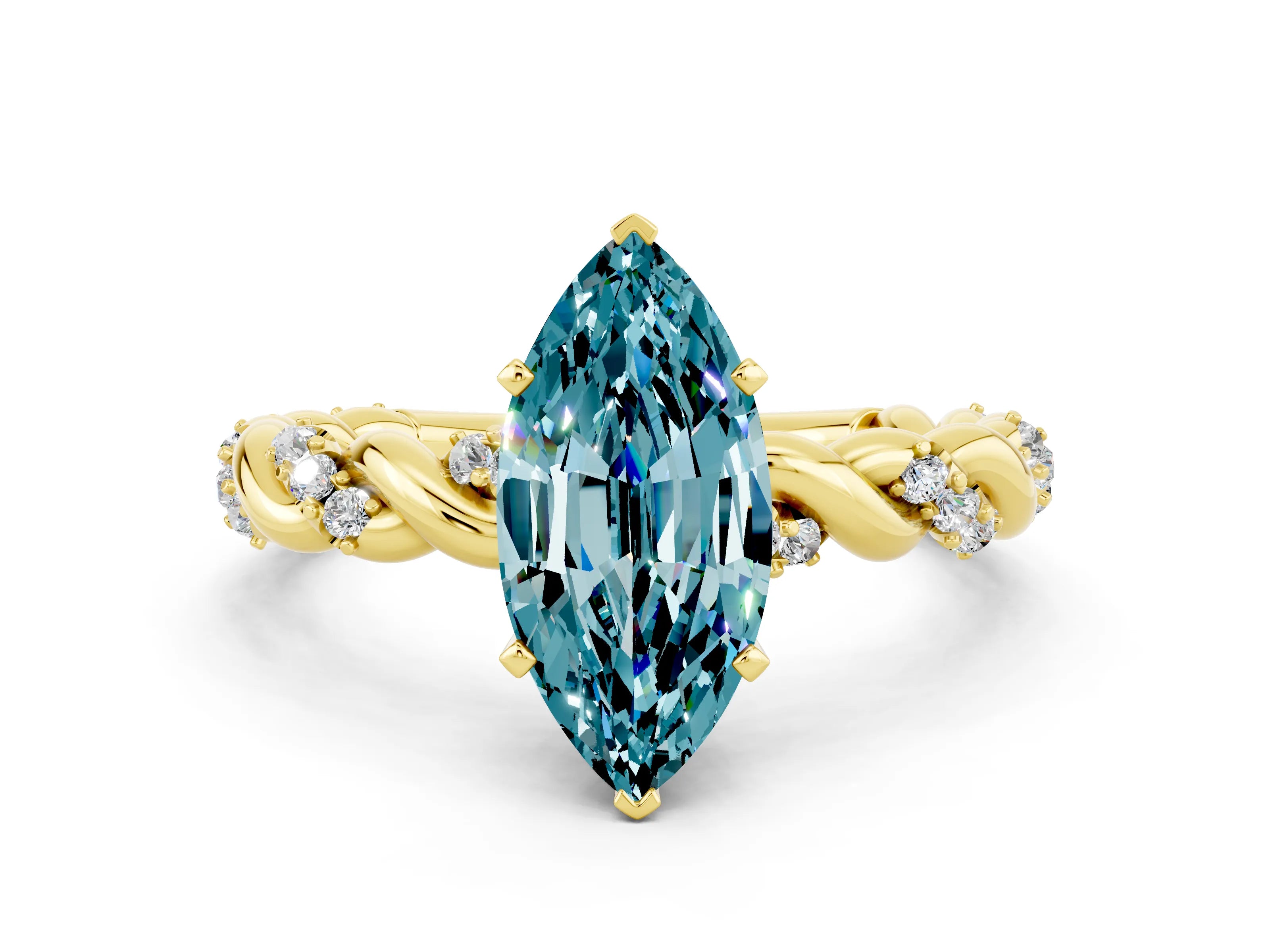 Yellow gold Marquise Cut Blue Topaz Solitaire Ring with Twisted Band and Pavé Accents