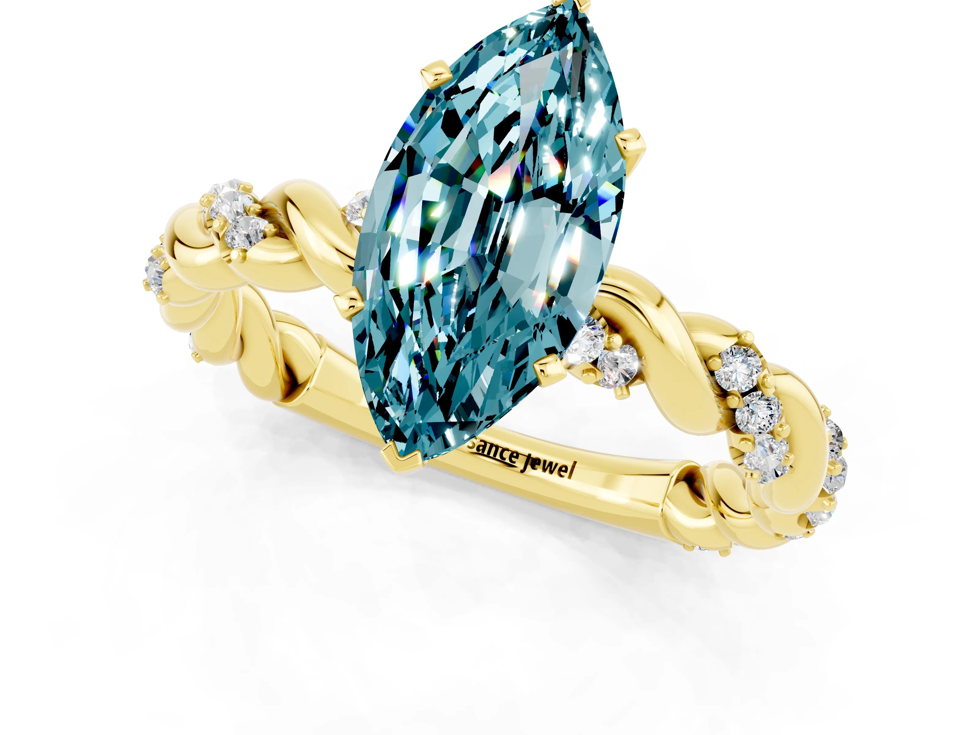 Yellow gold Marquise Cut Blue Topaz Solitaire Ring with Twisted Band and Pavé Accents_1