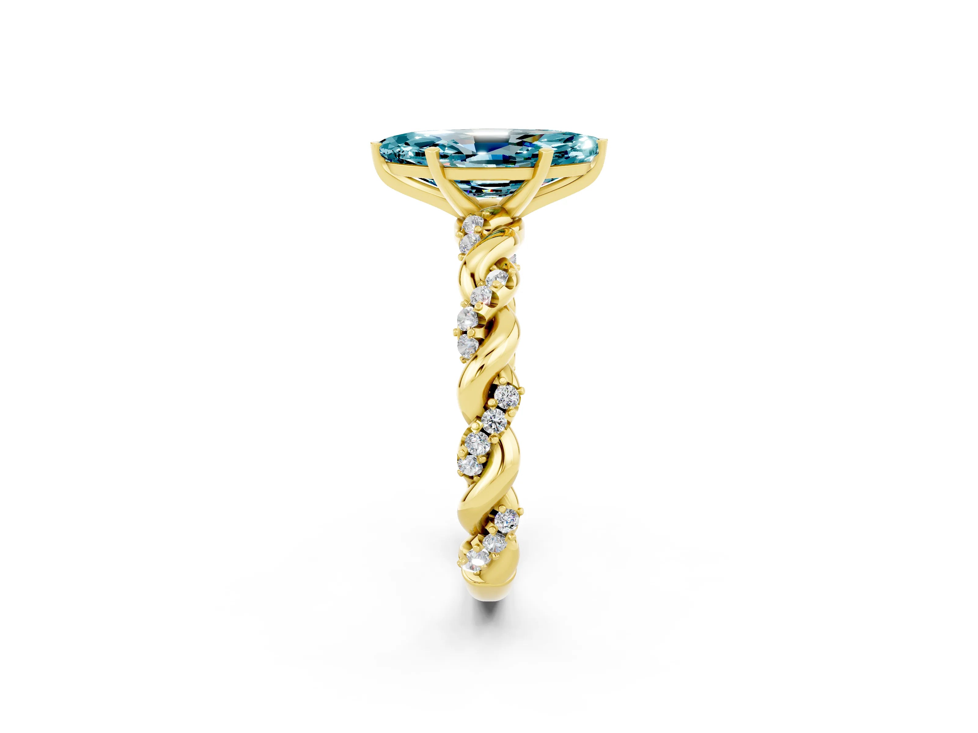 Yellow gold Marquise Cut Blue Topaz Solitaire Ring with Twisted Band and Pavé Accents_2