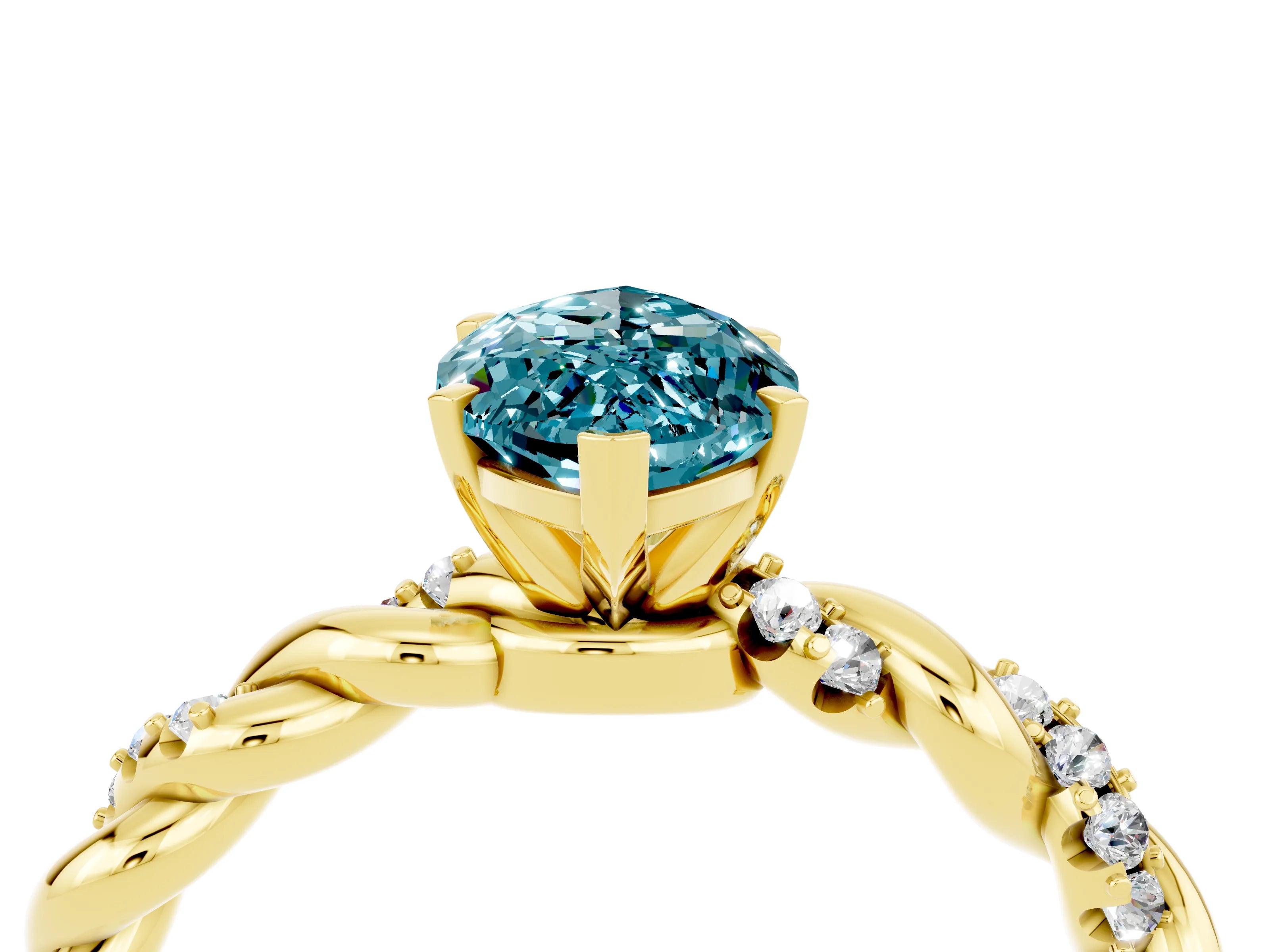 Yellow gold Marquise Cut Blue Topaz Solitaire Ring with Twisted Band and Pavé Accents_4