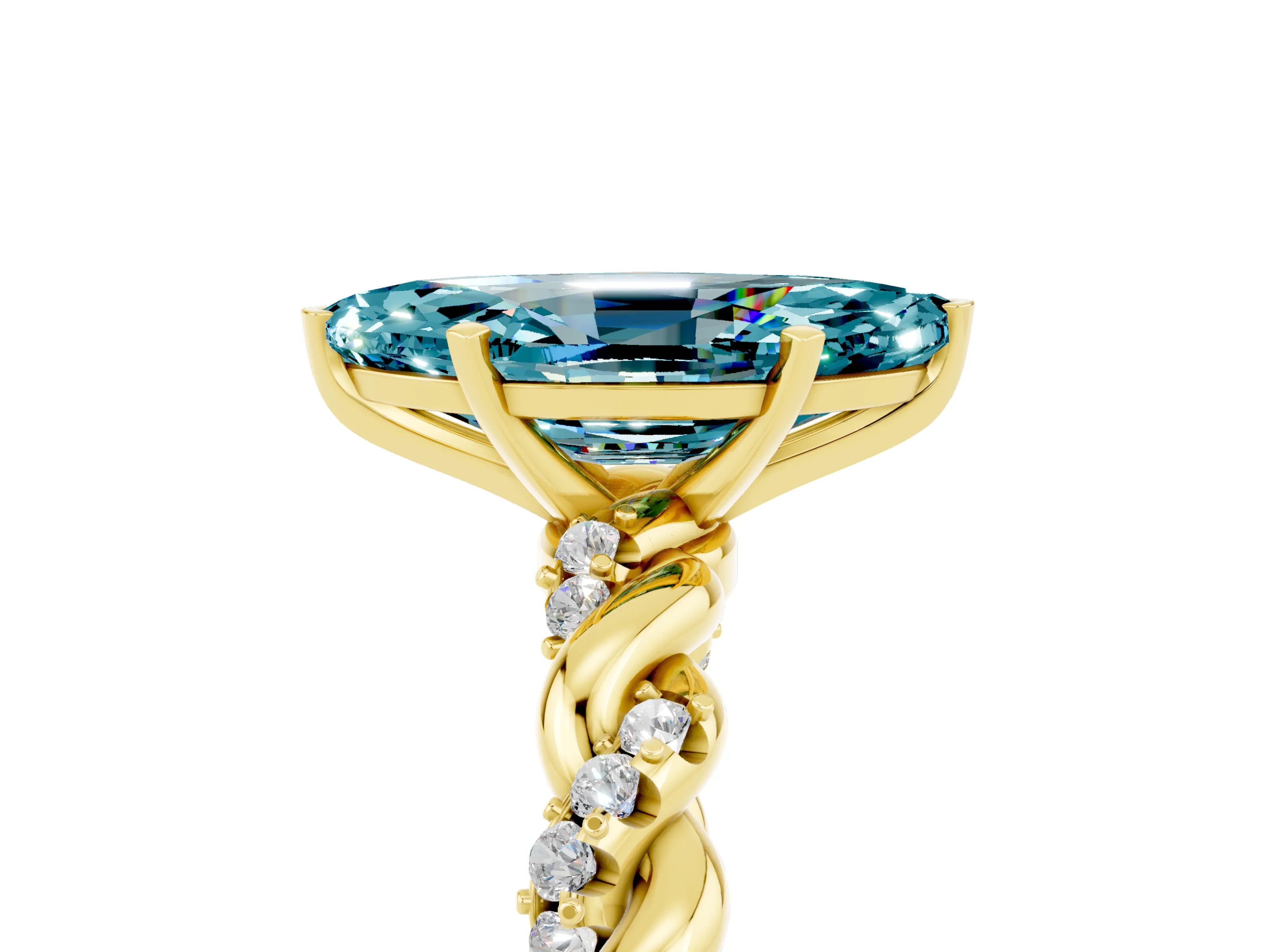 Yellow gold Marquise Cut Blue Topaz Solitaire Ring with Twisted Band and Pavé Accents_5