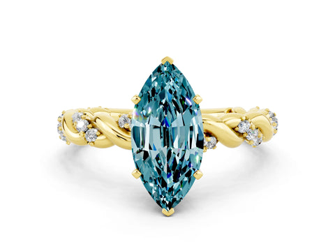 Yellow gold Marquise Cut Blue Topaz Solitaire Ring with Twisted Band and Pavé Accents
