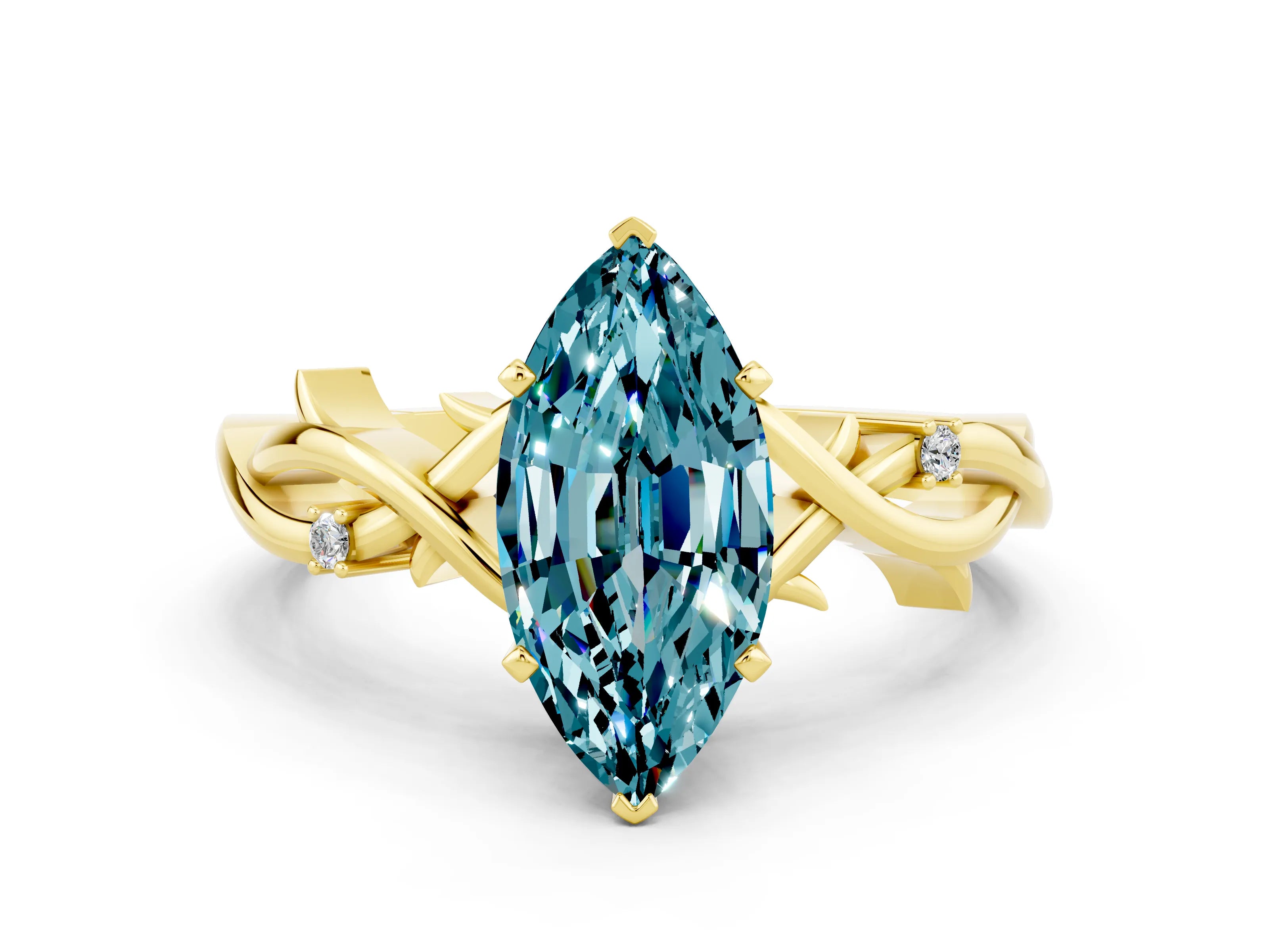 Yellow gold Marquise Cut Blue Topaz Solitaire Ring with Twisted Band and Prong Setting