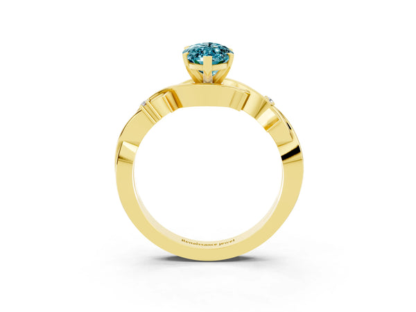 Yellow gold Marquise Cut Blue Topaz Solitaire Ring with Twisted Band and Prong Setting