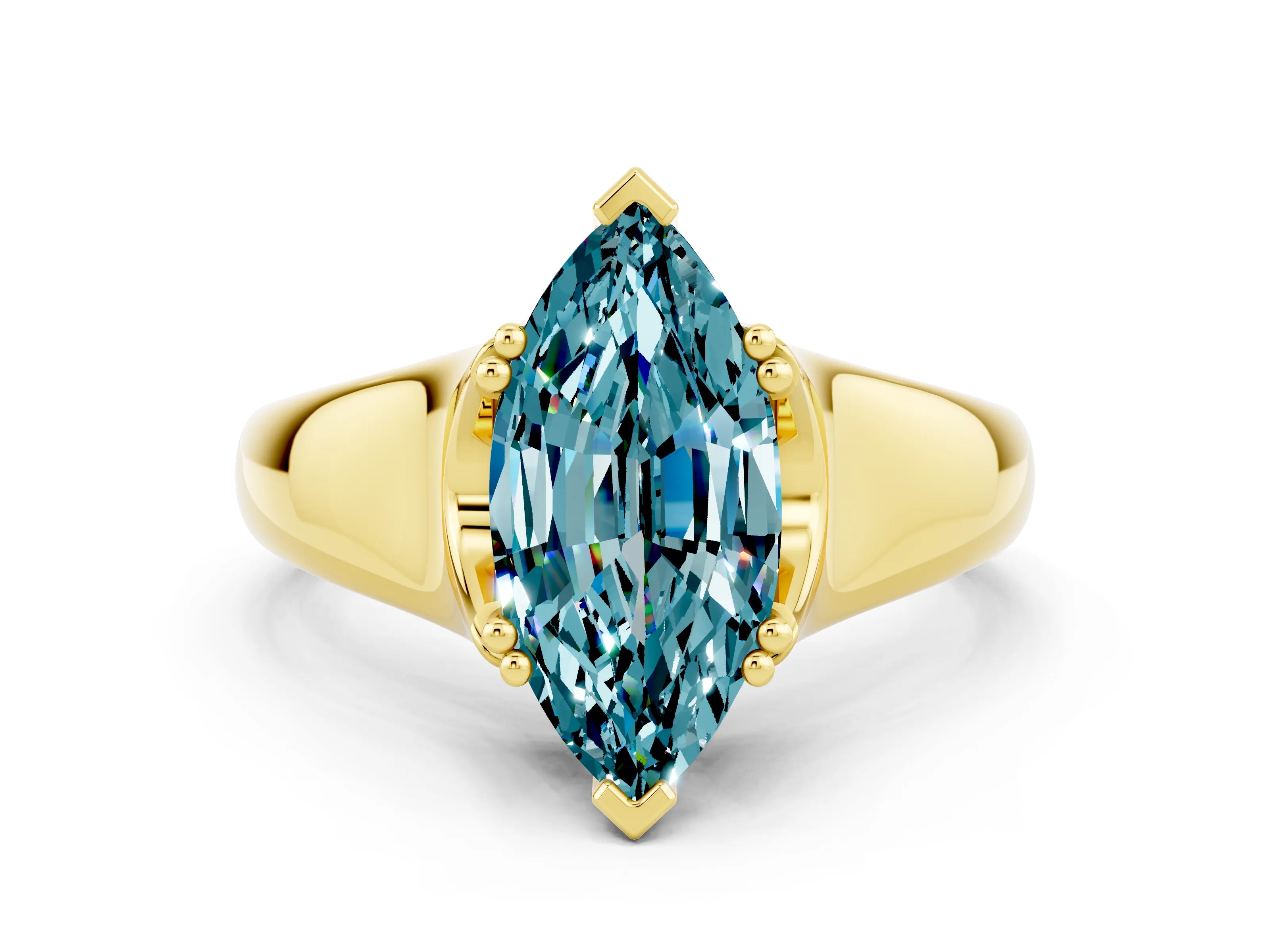 Yellow gold Marquise Cut Blue Topaz Solitaire Ring with Wide Band and Prong Setting