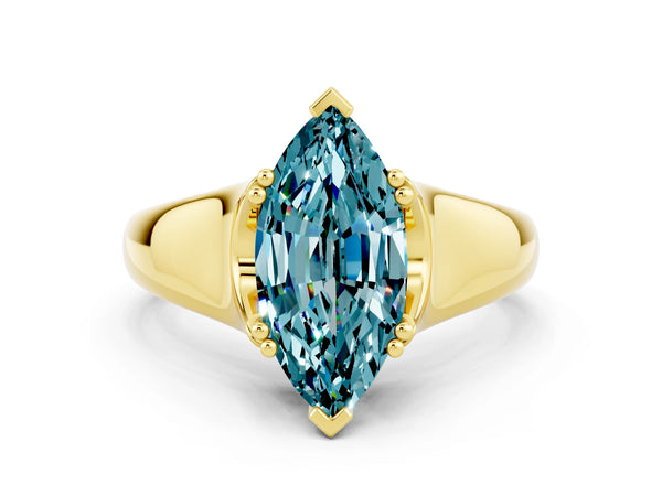 Yellow gold Marquise Cut Blue Topaz Solitaire Ring with Wide Band and Prong Setting