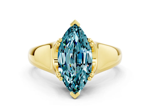 Yellow gold Marquise Cut Blue Topaz Solitaire Ring with Wide Band and Prong Setting