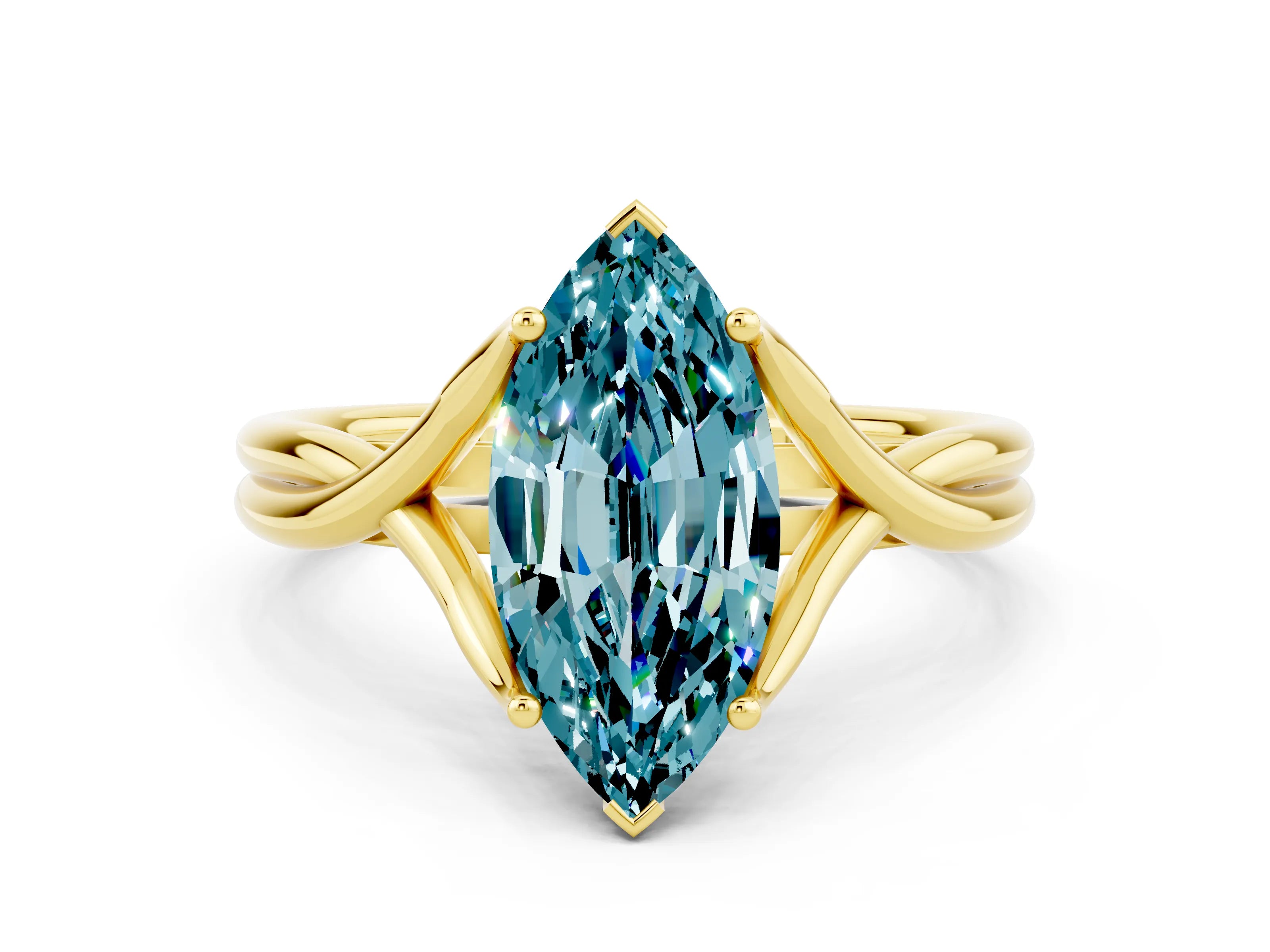 Yellow gold Marquise Cut Blue Topaz Solitaire Twist Band Prong Setting Ring_60