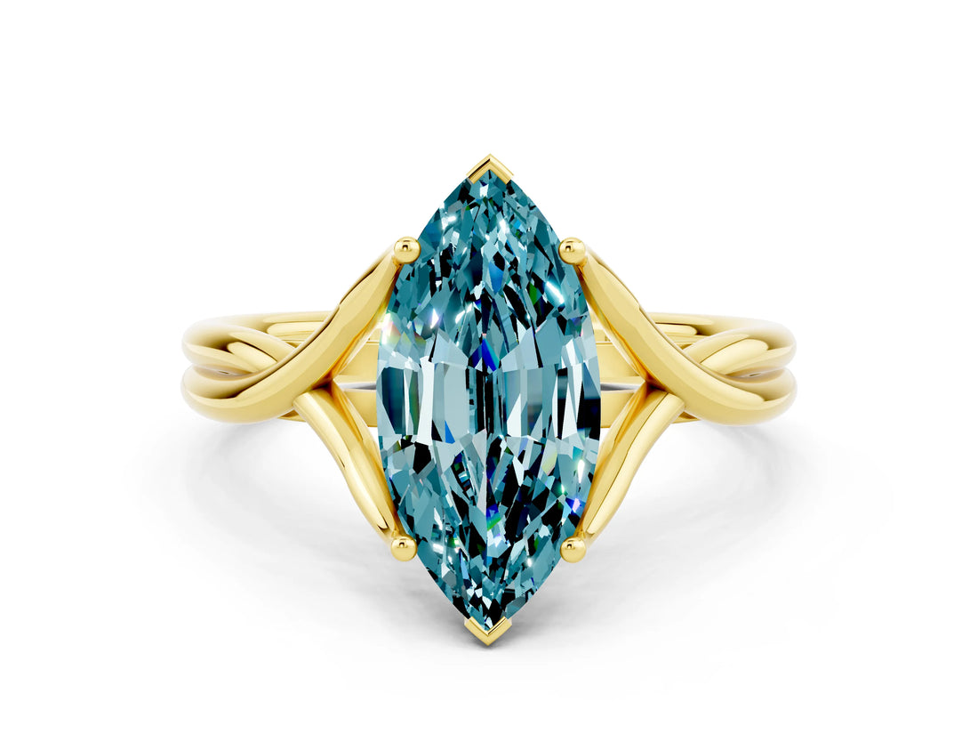 Yellow gold Marquise Cut Blue Topaz Solitaire Twist Band Prong Setting Ring_60