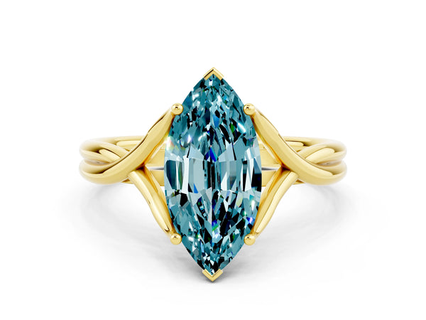 Yellow gold Marquise Cut Blue Topaz Solitaire Twist Band Prong Setting Ring
