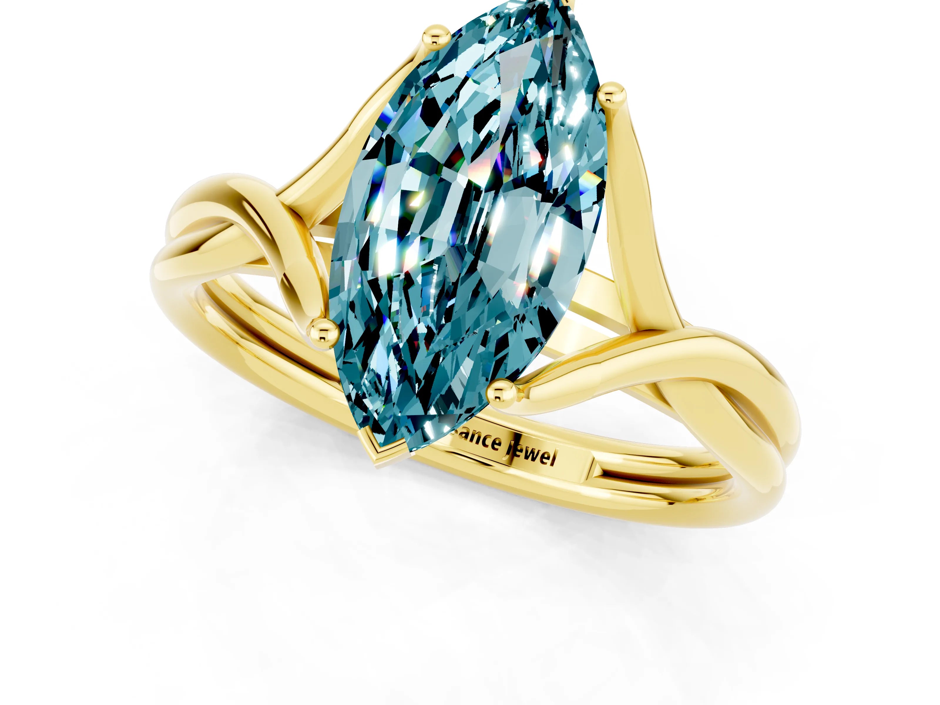 Yellow gold Marquise Cut Blue Topaz Solitaire Twist Band Prong Setting Ring_61